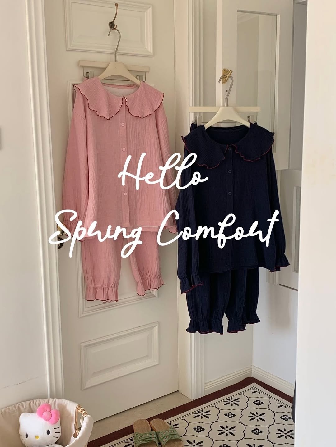 Photo by 히얼무드 | 잠옷 원피스잠옷 홈웨어 on January 20, 2026. May be an image of sleepwear, clothes hanger and text that says 'Hello Spring Comfont'.