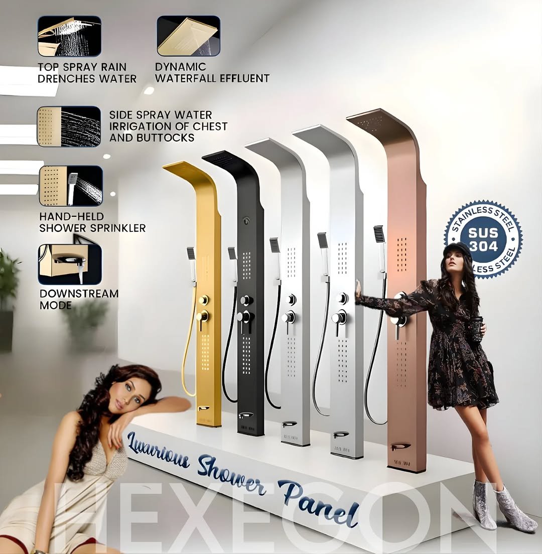 Photo shared by HEXEGON - HOUSE OF LUXURY BATHROOM FITTINGS on November 18, 2025 tagging @hexegon.avasavacorporation. May be an image of clothes hanger, hockey stick, poster, rack, ski, magazine and text that says 'TOP SPRAY RAIN DRENCHES WATER DYNAMIC WATERFALL EFFLUENT SIDE SPRAY WATER IRRIGATION TION CHEST AND BUTTOCKS HAND-HELD HELD SHOW SHOWER SHOWERSPRINKLER SPRINKLER DOWNSTREAM MO SUS TAINLESSSTER STR 304 ESSSTE ESS 18 m U4иoиe Shower EXE Panel'.