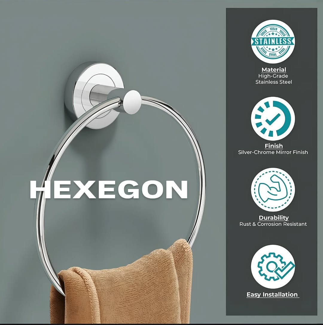 Photo shared by HEXEGON - HOUSE OF LUXURY BATHROOM FITTINGS on December 18, 2025 tagging @hexegon.avasavacorporation. May be an image of ‎towel rack and ‎text that says '‎대치코 キ中山公 STAINLESS ャッンり シ*カチ Material High-Grade Stainless Steel الباه Finish Silver-Chrome Mirror Silver-ChromeMirrorFinish Finish HEXEGON ឯ Rust Durability Corrasion Resistant Easy Installation‎'‎‎.