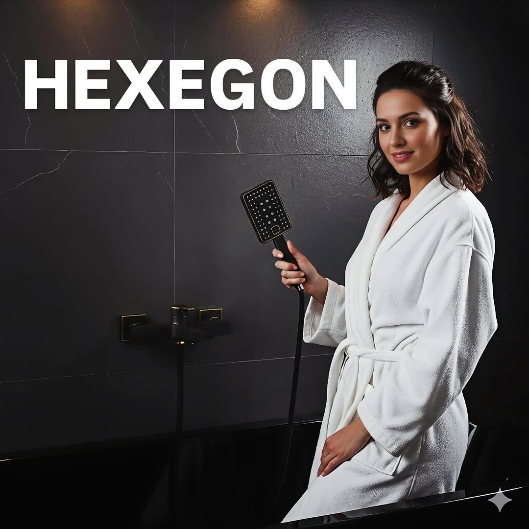 Photo by HEXEGON - HOUSE OF LUXURY BATHROOM FITTINGS on January 08, 2026. May be an image of hair brush, bath robe, robe and text that says 'HEXEGON'.