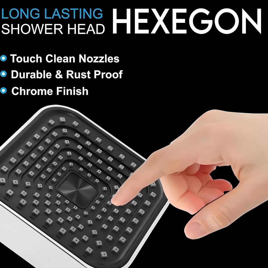 Photo shared by HEXEGON - HOUSE OF LUXURY BATHROOM FITTINGS on December 02, 2025 tagging @hexegon.avasavacorporation. May be an image of bathmat and text that says 'LONG LASTING SHOWER HEAD HEXEGON Touch Clean Nozzles Durable & Rust Proof Chrome Finish 1 D - R • - - - R • - ٠ - ® O - S D'.