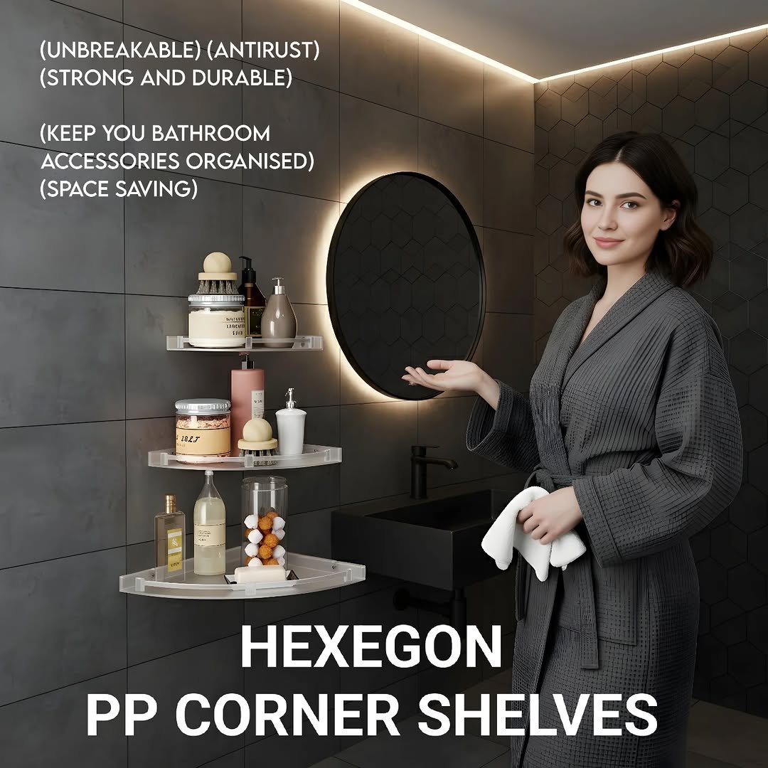 Photo shared by HEXEGON - HOUSE OF LUXURY BATHROOM FITTINGS on December 18, 2025 tagging @hexegon.avasavacorporation. May be an image of ‎wash basin, kitchenware and ‎text that says '‎(UNBREAKABLE) (ANTIRUST) (STRONG AND DURABLE) (KEEP YOU BATHROOM ACCESSORIES ORGANISED) (SPACE SAVING) मंमबातमा? عجر 1223 8 HEXEGON PP CORNER SHELVES‎'‎‎.