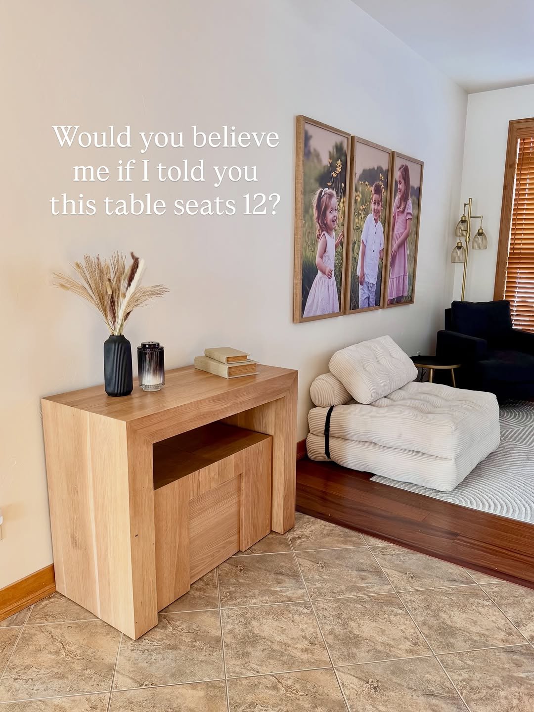 Photo by Brittini | Finds for Moms on December 17, 2025. May be an image of credenza, table, woodwork, desk, indoors, living room and text that says 'Would you believe me if I told you this table seats 12?'.