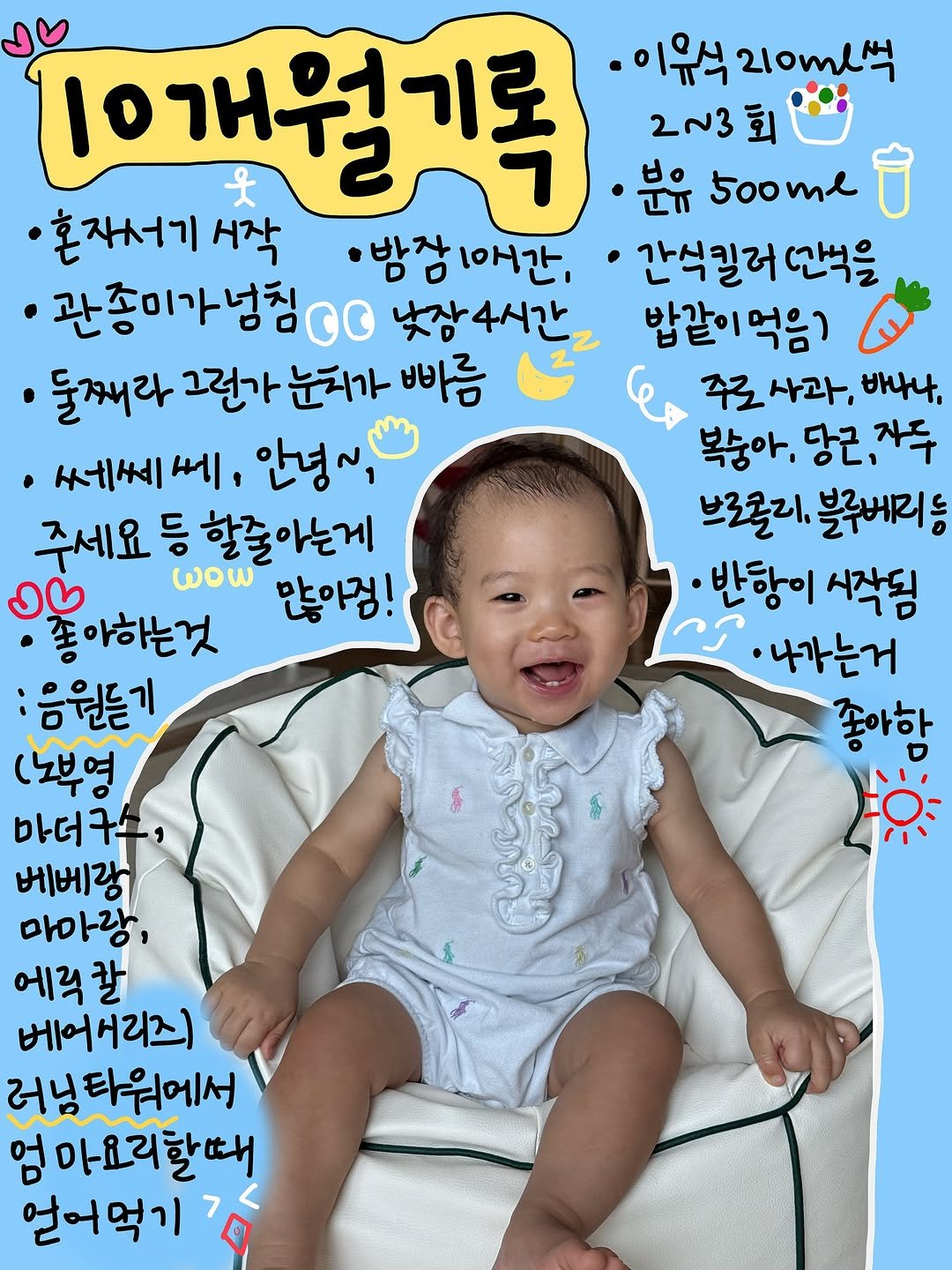 Photo by 아욜라맘(고혜린) | 최고 효율 육아 지향 on August 22, 2025. May be an image of 1 person, baby and text that says '10개월기록 ·이유식21l석 이유식 210ml석 2~3회 분유 5oome ปี๊ 혼자서기 시작 •밤잠 1애간, 간식릴러 안을 관종미가넘침 O0 낮잠4시간호 밥같이먹음 밥같· 둘째라 그런가 눈치가 빠름 주로 사과, 바나나, 씨세쎄 안녕~, 복숭아, 당근 당근,자두 자두 주세요 등 할줄아는게 브로콜리. 블루베리 D ር 3 많아걸! ·반항이 반항이시작됨 시작됨 좋아하는것 ري ·나가는거 응원듣기 좋아한 (노부영 마더구수, 베베랑 마아랑, 에직칼 칼 베어머리스이 러남타워에서 엄 마요리 엄마요리할때 할때 얻어먹기'.