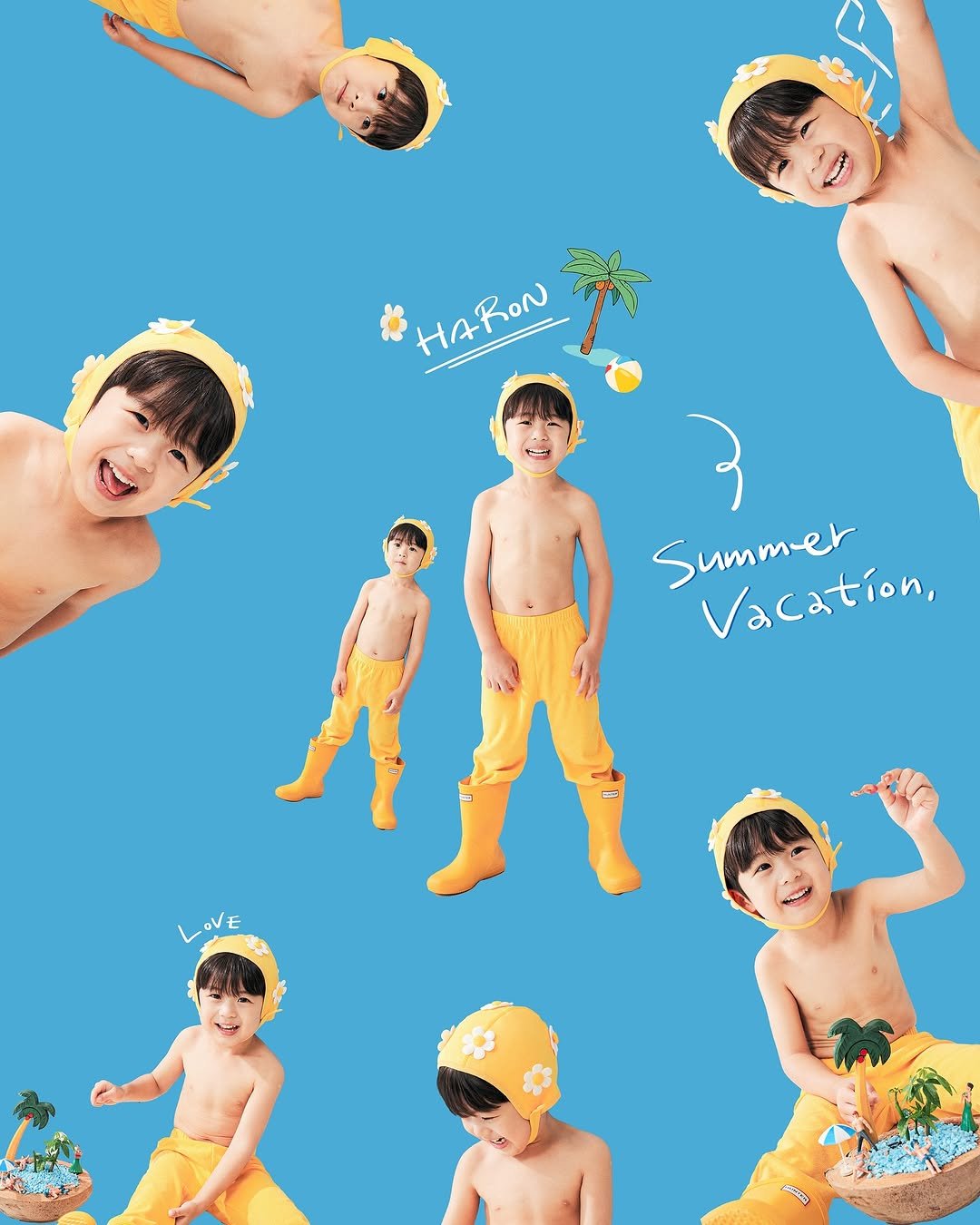 Photo shared by 키즈모델 하론, 하론맘 새롬 on August 07, 2025 tagging @photosleek.studio. May be an image of 8 people, poster and text that says 'HARON HARON HA Summer summatio Vacation, LOVE VE'.