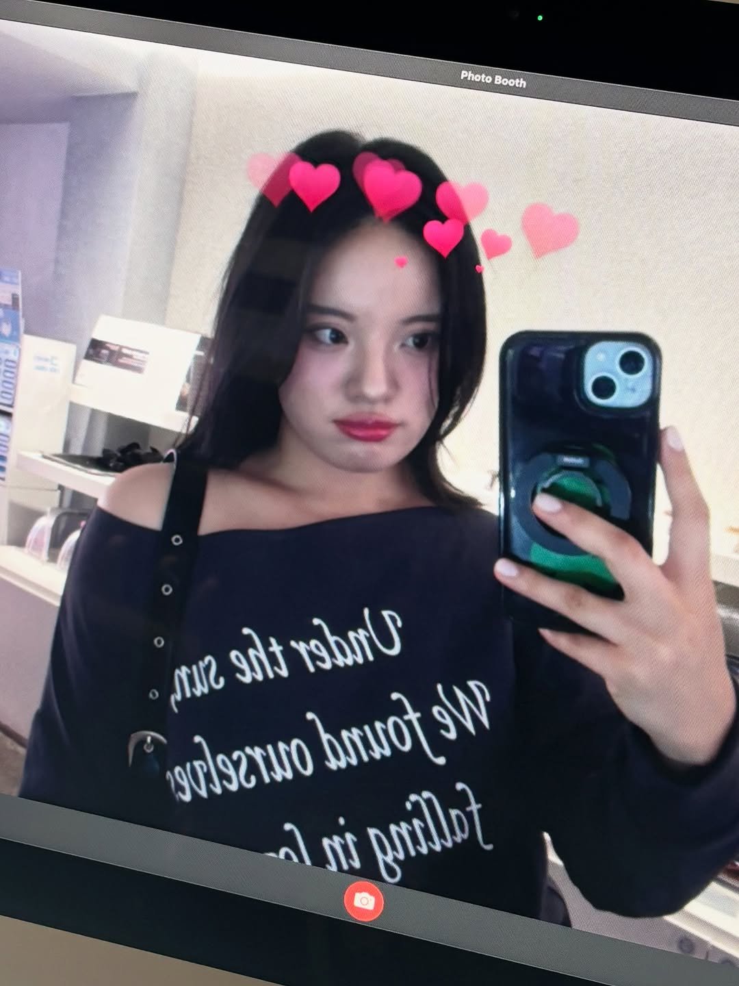Photo shared by 물결 Mulgyul on September 10, 2025 tagging @micane_official. May be a selfie of 1 person, makeup, heart, phone, sweatshirt, turtleneck, top and text.
