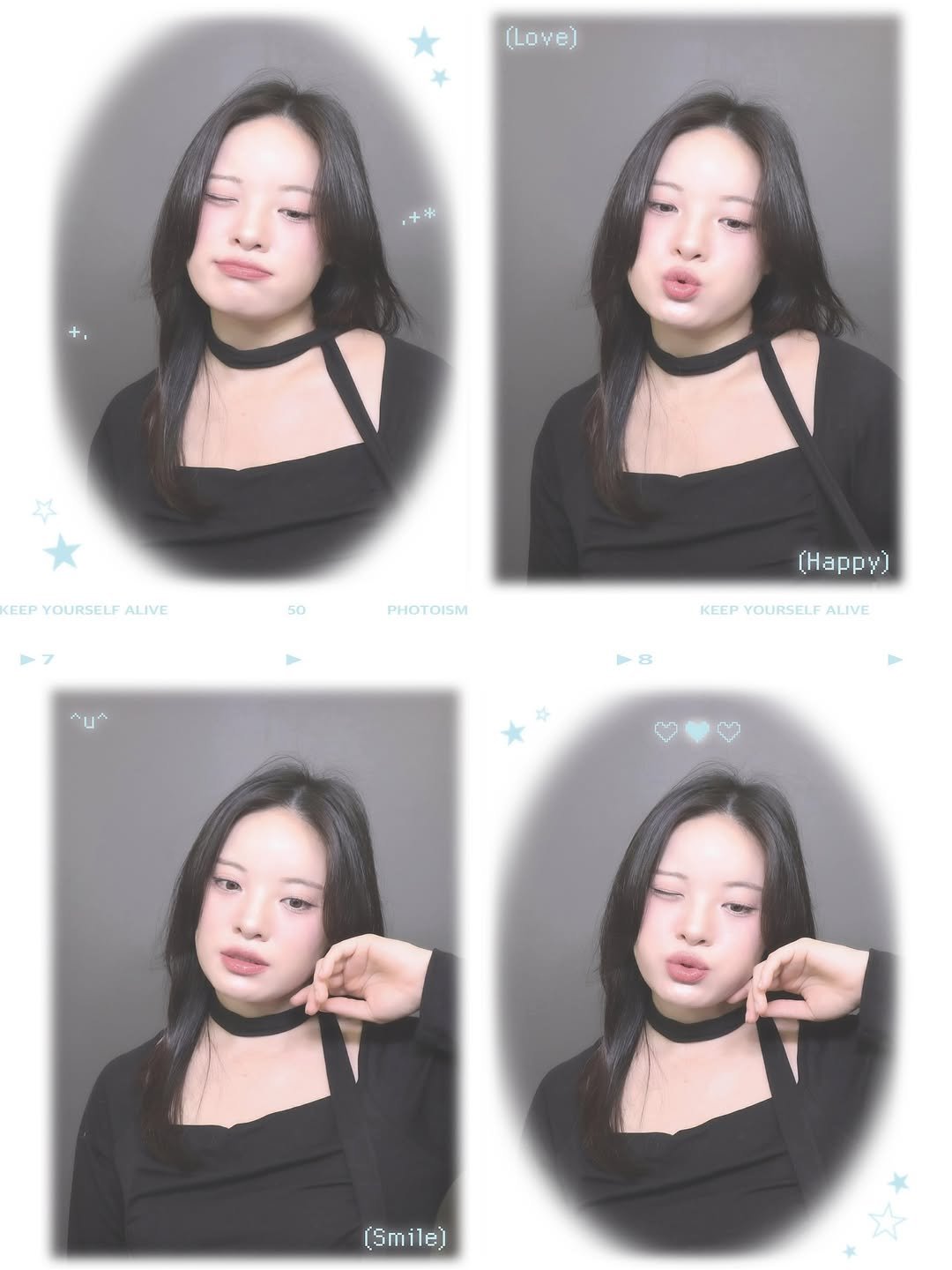 Photo by 물결 Mulgyul on September 29, 2025. May be an image of 4 people, hair, choker and text that says '(Love) EEP YOURSELF KEEPYOURSELFALIVE ALIVE 50 7 PHOTOISM ٨٢ (Happy) KEEP KEEPYOURSELFALIVE YOURSELF ALIVE (Smile)'.