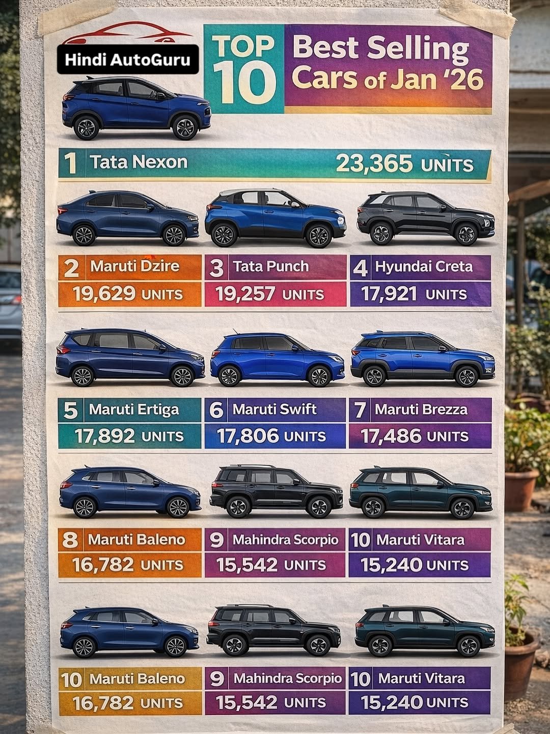 Photo by Hindi AutoGuru by Sushil Nawadkar on February 16, 2026. May be an image of minivan, sedan and text that says 'Hindi AutoGuru TOP Best Selling 10 Cars of Jan '26 1 Tata Nexon 23,365 UNITS 2 Maruti Dzire 19,629 UNITS 3 Tata Punch 19,257 UNITS Hyundai HyundaiCreta Creta 17,921 UNITS 5 Maruti Ertiga 17,892 UNITS 6 Maruti Swift 7 Maruti Brezza 17,806 17,806UNITS UNITS 17,486 UNITS 8 Maruti Baleno 16,782 UNITS Mahindra Scorpio 15,542 UNITS 10 Maruti Vitara 15,240 UNITS 10 Maruti Baleno 16,782 82 UNITS Mahindra Scorpio 10 Maruti Vitara 15,542 15, UNITS 15,240 UNITS'.