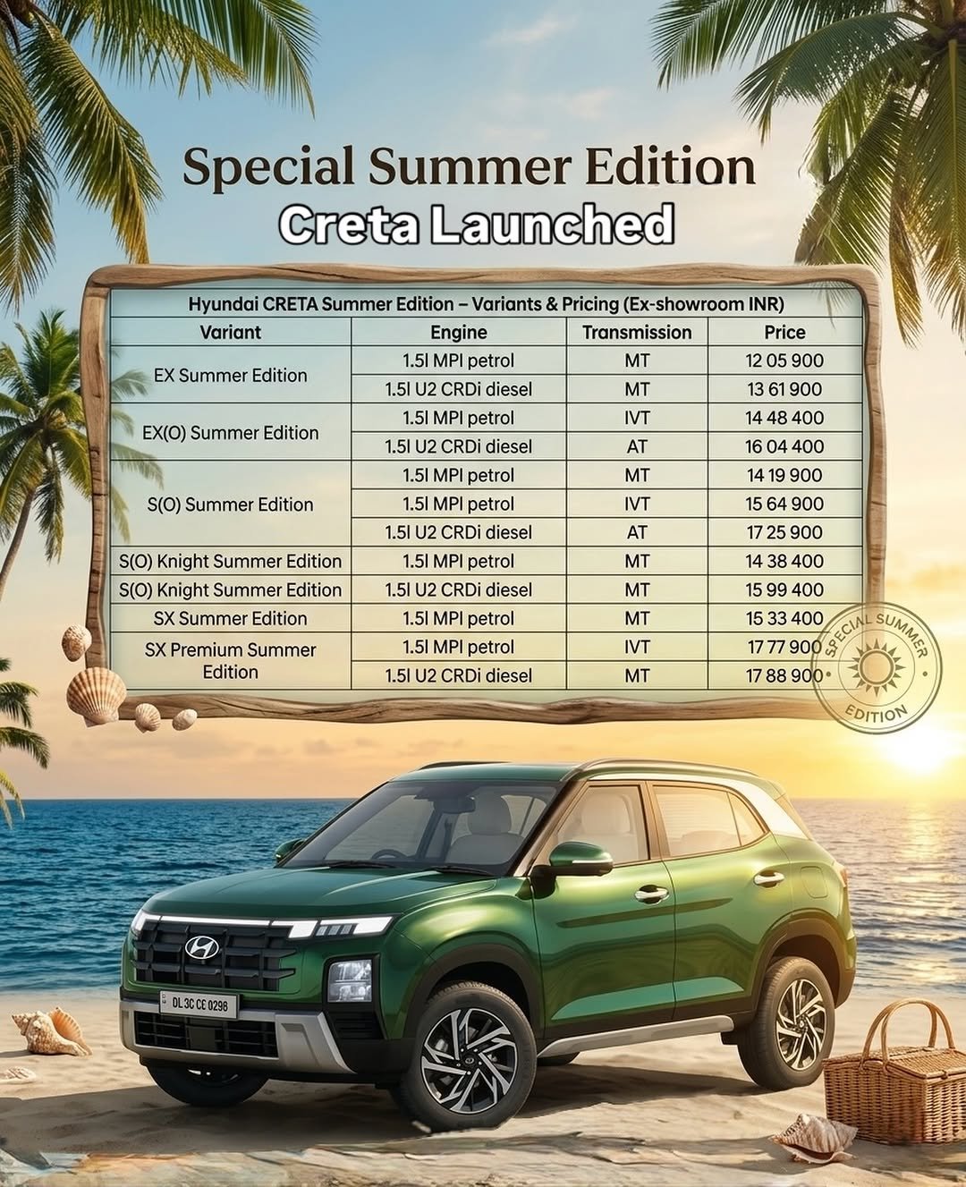Photo shared by Marathi AutoGuru on April 09, 2026 tagging @hyundaiindia, and @hindiautoguru. May be an image of ‎jeep and ‎text that says '‎Special Summer Edition Creta Launched Hyundai CRETA Summer Edition Variant Variants Engine EX Summer Edition petrol Pricing x-showroom INR) Transmission Price EX(O) Summer Edition MT MT CRDi diesel 1.5l MPI petrol 1.5I 900 IVT CRDİ diesel petrol 1.5l Edition MPI 13 900 48 48 400 04 一 900 564 - 64 AT MT IVT diesel 1.5 MPI petrol S(O) Knight Summer Edition S(O) Knight Summer Edition SX Summer Edition SX Premium Summer Edition 1.5 CRDi diesel petrol 1.5l MT MT IVT 25 900 ل 38 ن 99 15 400 900 900 1.5l petrol CRDi diesel MT SÜMINGR EDITION OL3CCE0238‎'‎‎.