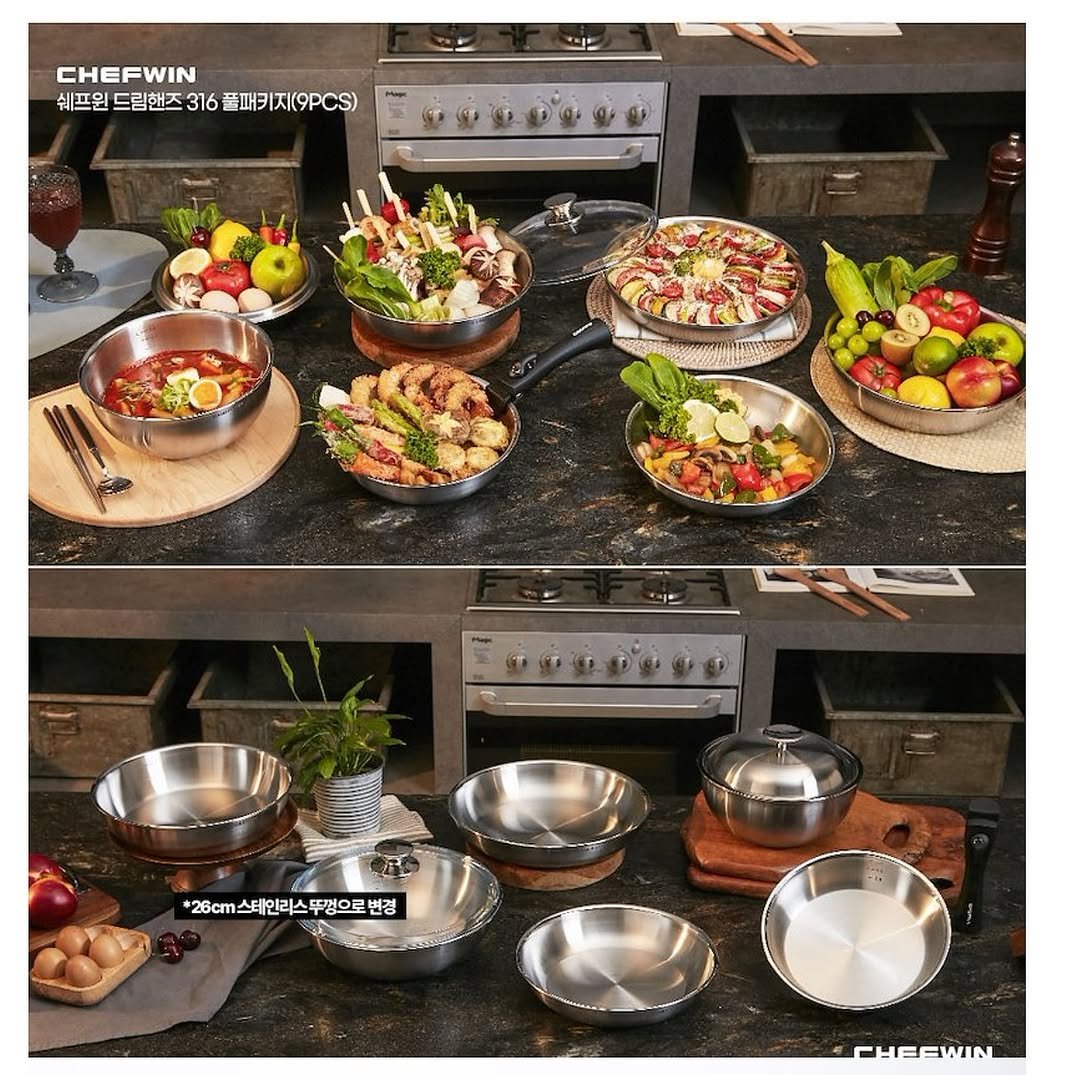 Photo by 그럼에도 홀리키 전민기 입니다 on August 09, 2025. May be an image of kitchen appliance, cooker, saucepan, pot, steamer, buffet and text that says 'CHEFWIN 쉐프원 드림핸즈 316 플패키지(9PCS) *26cm스터인리스무껑으로면경 뚜껑으로 변경 CHECWIN'.