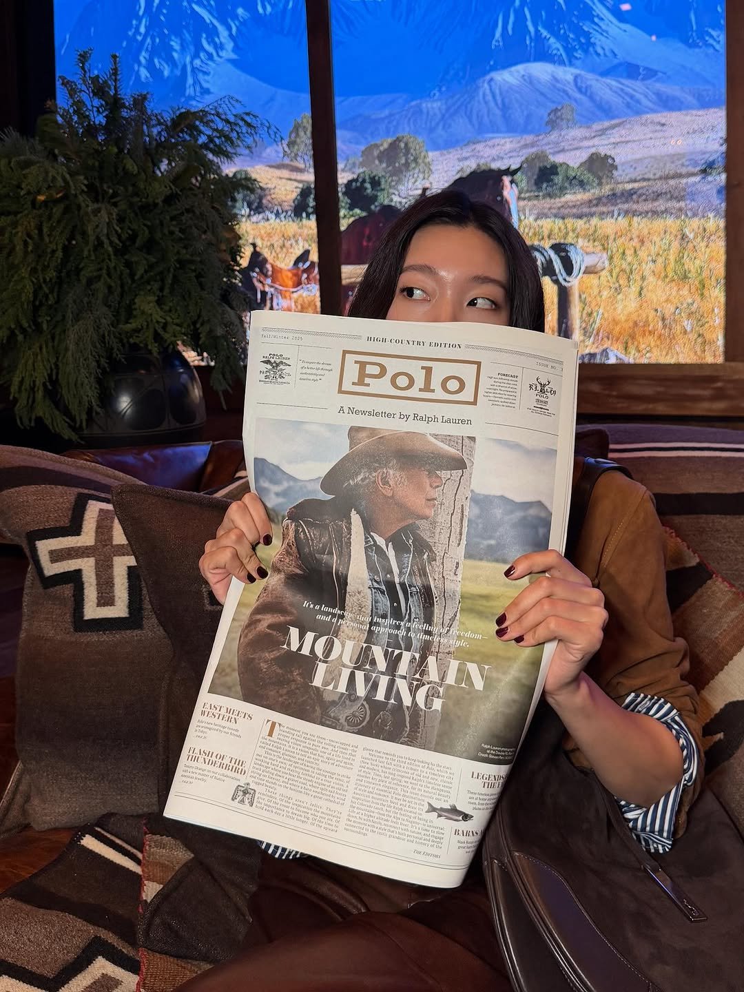 Photo shared by HOLLY 이호정 on November 01, 2025 tagging @ralphlauren. May be an image of magazine, newspaper, shawl and text.