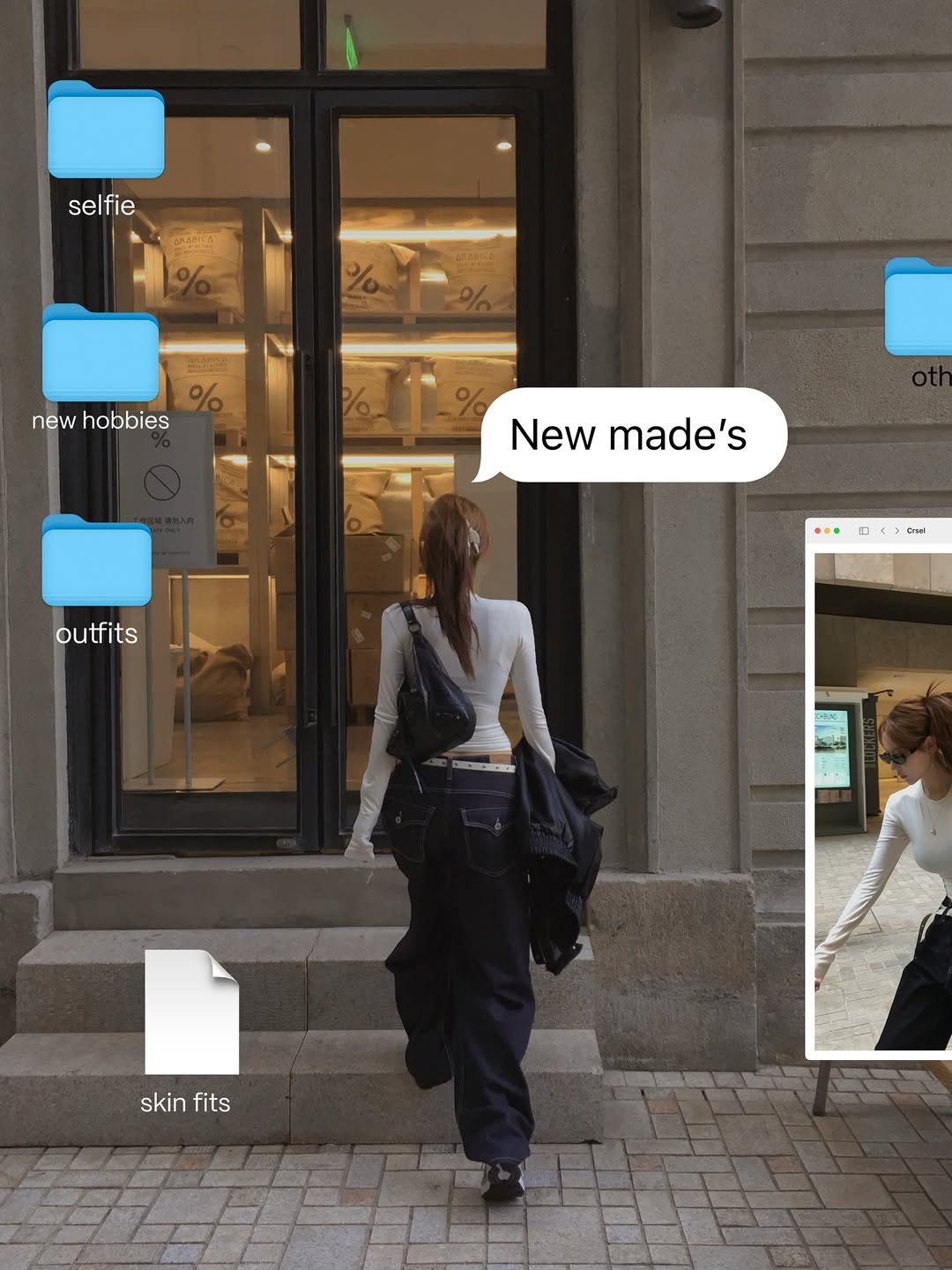 Photo by 홀리 on March 03, 2026. May be an image of phone, overcoat, duffle coat, sweatpants, cornflower, street and text that says 'selfie new hobbies Newmade's New made's outfits D Creal CIDDCION skinfits skin fits'.