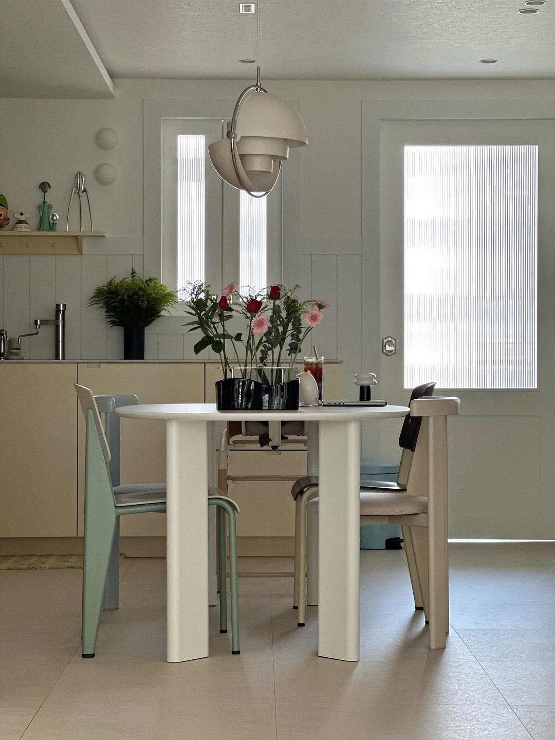 Photo shared by 스윗홈예나 | 아기가사는집 | 애개육아 on August 05, 2025 tagging @flat_point, @vitra, @gubiofficial, and @nerja.official. May be an image of table, kitchen table, dining table, indoors and text.