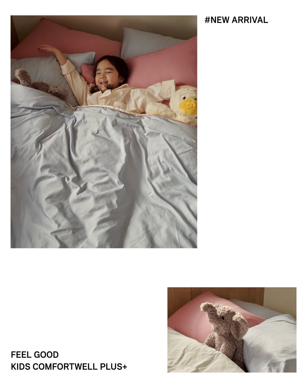 Photo by 호무로 | 𝐇𝐎𝐌𝐔𝐑𝐎 on March 24, 2026. May be an image of child, sleeping, sleepwear, bed, mattress, blanket, baby bed, bedroom and text that says '#NEWARRIVAL #NEW ARRIVAL FEELGOOD FEEL GOOD KIDS COMFORTWELL PLUS+'.