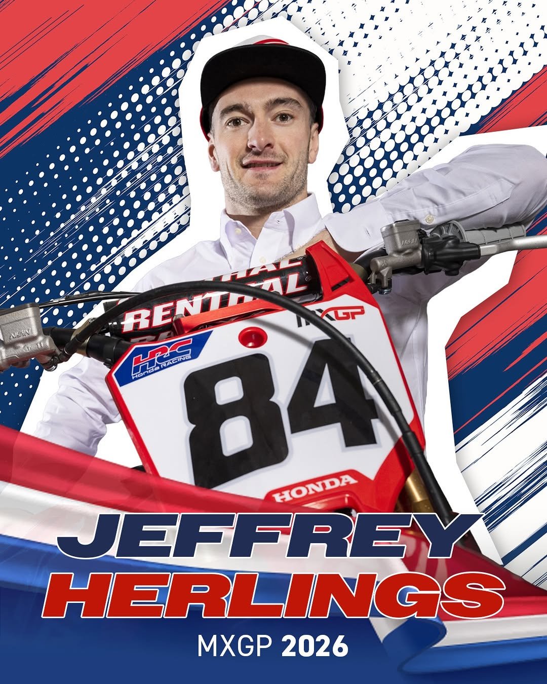 Photo shared by Honda HRC on January 07, 2026 tagging @mxgp, @jeffrey_herlings84, @teamhondagariboldiracing, and @hrc_mxgp. May be an image of ‎racing vehicles, dirt bike, poster, magazine, helmet and ‎text that says '‎785A1 7011 RENTHALL RENT 84 ज RENTI LPC NACINE حمم HAdaNACIN HONDA JEFFREY HERLINGS INGS MXGP202 MXGP 2026‎'‎‎.