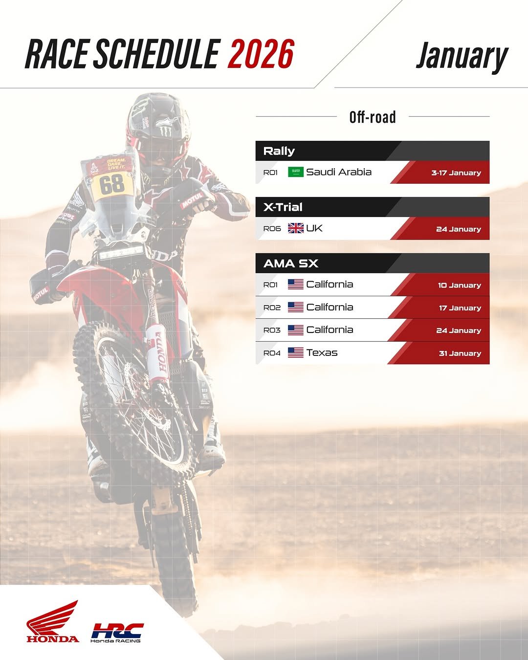 Photo shared by Honda HRC on December 31, 2025 tagging @rallyteamhrc, @trialteamhrc, and @honda_racing_us. May be an image of ‎racing vehicles, dirt bike, motorcycle, helmet, magazine, poster and ‎text that says '‎RACE SCHEDULE 2026 January Off-road Rally 68 R01 Saudi Arabia MOTUL 3-17 January X-Trial R06 味 コ屋 UK KOTUL 24 January AMA AMASX SX RO1 שך California RO2 10 January California RD3 17 January California RD4 HONDA Texas 24 24January 31. 31 31January HONDA HONDAHRC Handa HEC HardaNACINB NACNE‎'‎‎.
