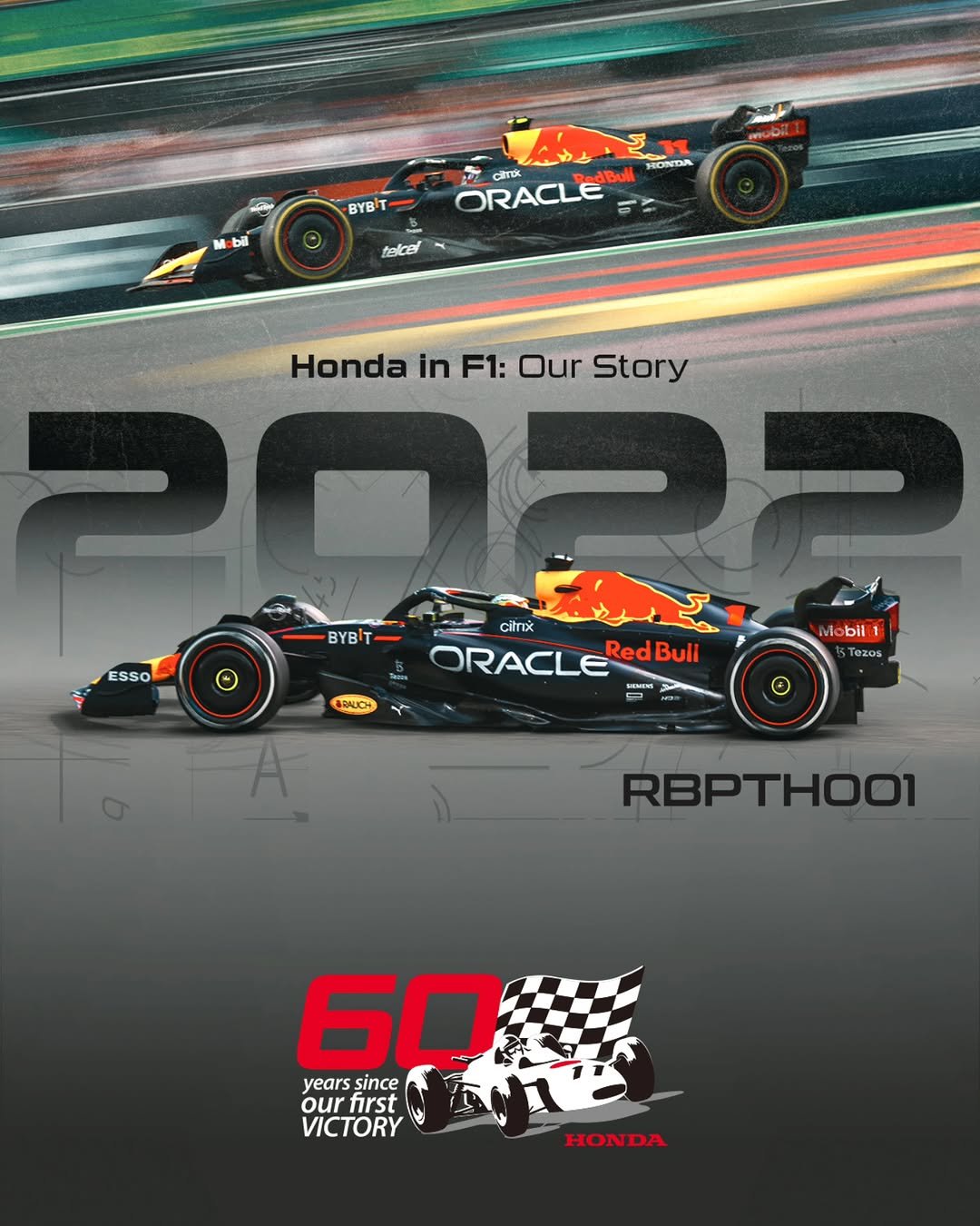 Photo by Honda Racing F1 on November 10, 2025. May be an image of racing vehicles, race car, poster and text that says 'Gi BYB 21 HONDA mobil! drix ORACLE E telcel Honda in F1: Our Story POR Mo Mobil1 BYB citrix ESSO ORACLE U RedBuli Red Bull Tezos 9z05 LEMENG - BRALUCH ۳ RBPTH001 60A years since ourfirst our first VICTORY HONDA'.