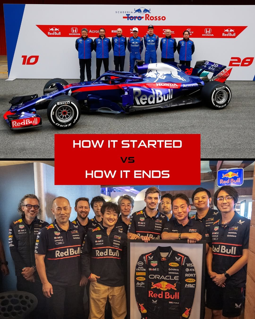 Photo shared by Honda Racing F1 on December 07, 2025 tagging @hondaracingglobal. May be an image of ‎racing vehicles, race car and ‎text that says '‎強量 RedBull SCUDERIA ToroRosso BIA -Toro Rosso H ΝΑ Acror ซซ่น 10 0H0 HONDA Red RedBull Bull ন 20 HONDA Arronte edBull RedBull コッッチ HOW IT STARTED VS HOW IT ENDS Red RedBul! Bull A me យ្បម ඔයිං M3. MNNTA HUSEA bone م RedBul Bull Red Bull dONteAp MEED ledBull VIS. ORACLE ROKT KAHEH HRC RedB Bull‎'‎‎.