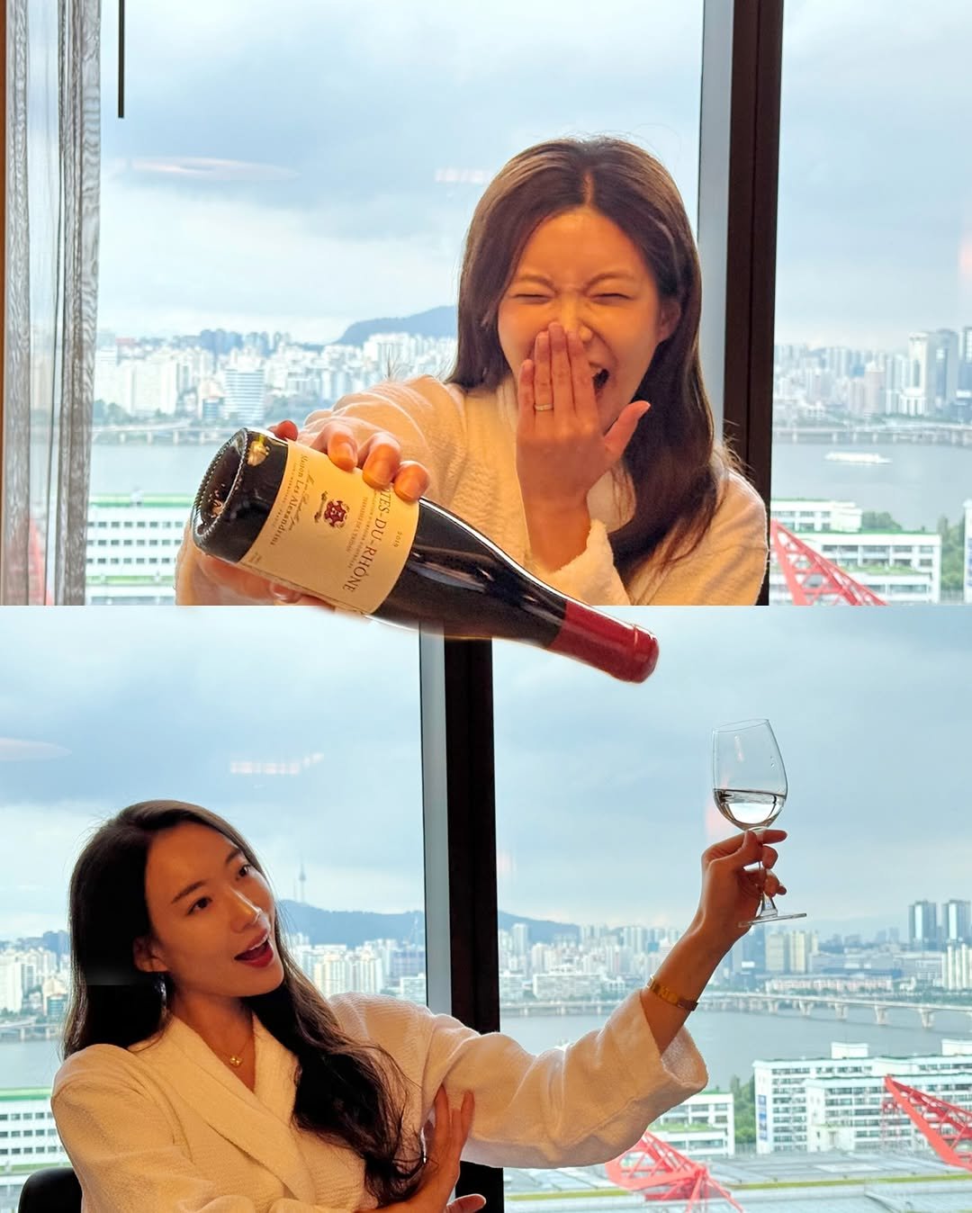 Photo shared by 여행 + 경제 크리에이터, 허니블링🩵 on July 27, 2025 tagging @0starrrr. May be an image of 2 people, champagne, wine bottle, wine glass, bottle and text.