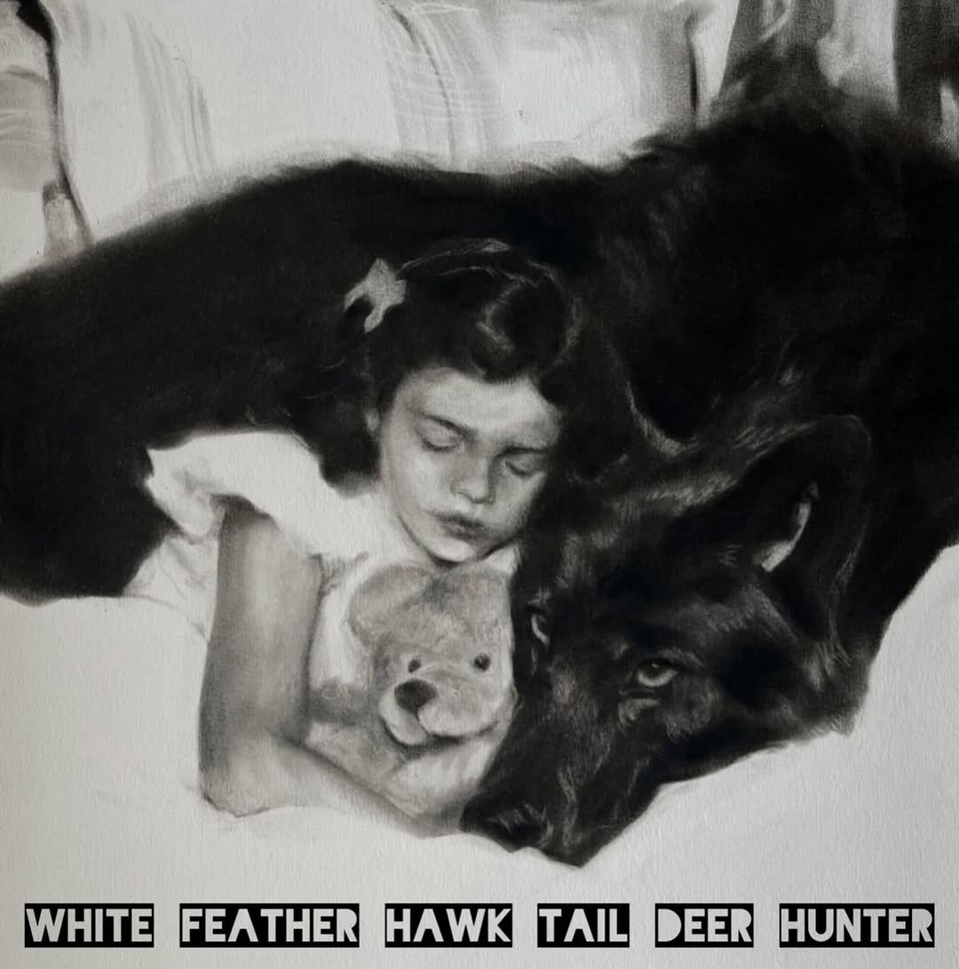Photo shared by LANA DEL REY on February 13, 2026 tagging @deansatoshireid, @yourgirlchuck, @jackantonoff, @thejpickens, @itsdrewerickson, @jeremy.dufrene, and @tarastrubing. May be a black-and-white image of wolf.