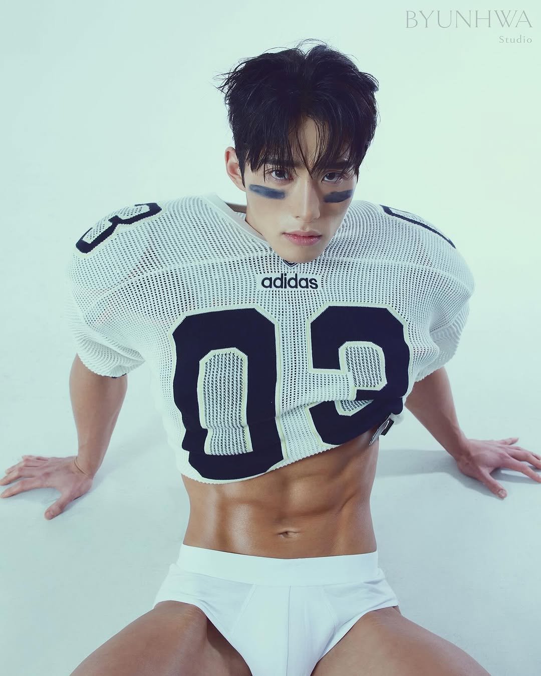 Photo shared by 홍버즈 on July 19, 2025 tagging @byun_hwa_. May be an image of 1 person, makeup, playing football, sportswear and text.