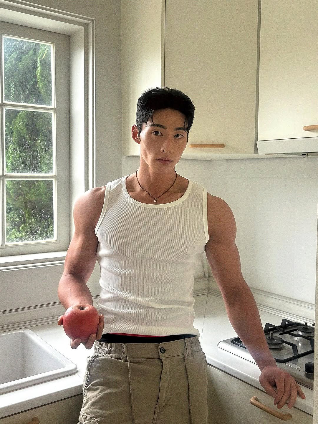 Photo by 홍버즈 in 성수동. May be an image of 1 person, biceps, clothes iron, spatula, apron, tanktop and text.