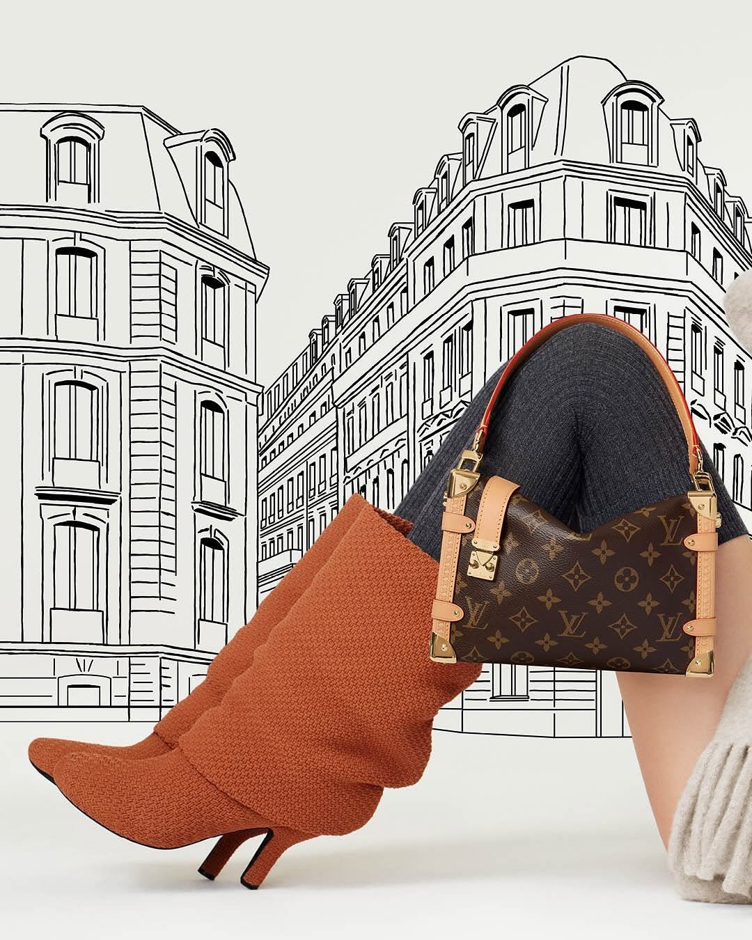 Photo shared by Louis Vuitton on October 12, 2025 tagging @hoooooyeony, and @nicolasghesquiere. May be an image of espadrilles, briefcase, high-heeled shoes, purse, boots, sandals, slingback shoes and text.
