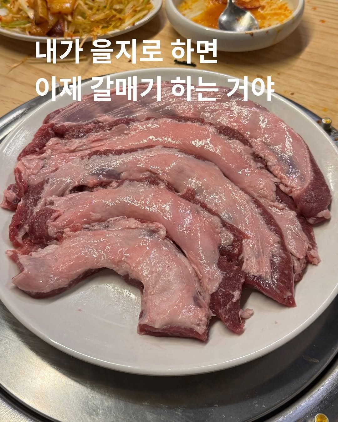 Photo by 호랑 큐레이터 on August 16, 2025. May be an image of pork and text that says '내가 을지로 하면 아제 갈매기 하는 하는거야 거야'.