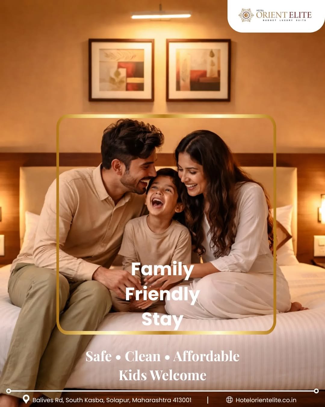 Photo by Hotel Orient Elite on January 24, 2026. May be an image of text that says '2က G ORIENT ÖRIENTELITE SEDSET .ED.ET URSRY まで9 第第一78 ELITE Family Friendly Stay Safe Clean• Affordable Kids Welcome Balives Rd, South Kasba, Solapur, olapur,Maharashtra413001 Hotelorientelite.co.in'.