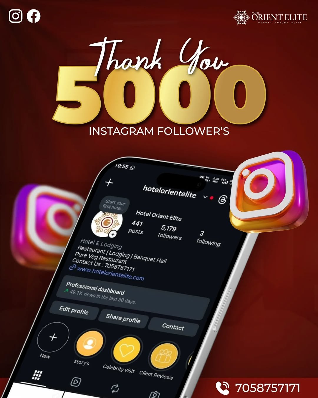 Photo shared by Hotel Orient Elite on March 29, 2026 tagging @nikhil_thobade__nt. May be an image of ‎poster and ‎text that says '‎ORIENTELITE BESCET BESCETLUREAT ORIENT ELITE טווה Thank You 5000 INSTAGRAM FOLLOWER'S 10:55 品 hotelorientelite 3 following Hotel HotelOrientElite Orient Elite 441 posts 5,179 followers Restaurant Pure Restaurant/Lodging /Lodging/ Banquet Hall Contact eg Restaurant www.hotelorientelite.co com 7058757171 Professional dashboard 1Kviewsinthelast30d days. Editp profile Share profile + Contact New 8 story's 000 Celebrity visit ClientReviews Client Reviews 7058757171‎'‎‎.
