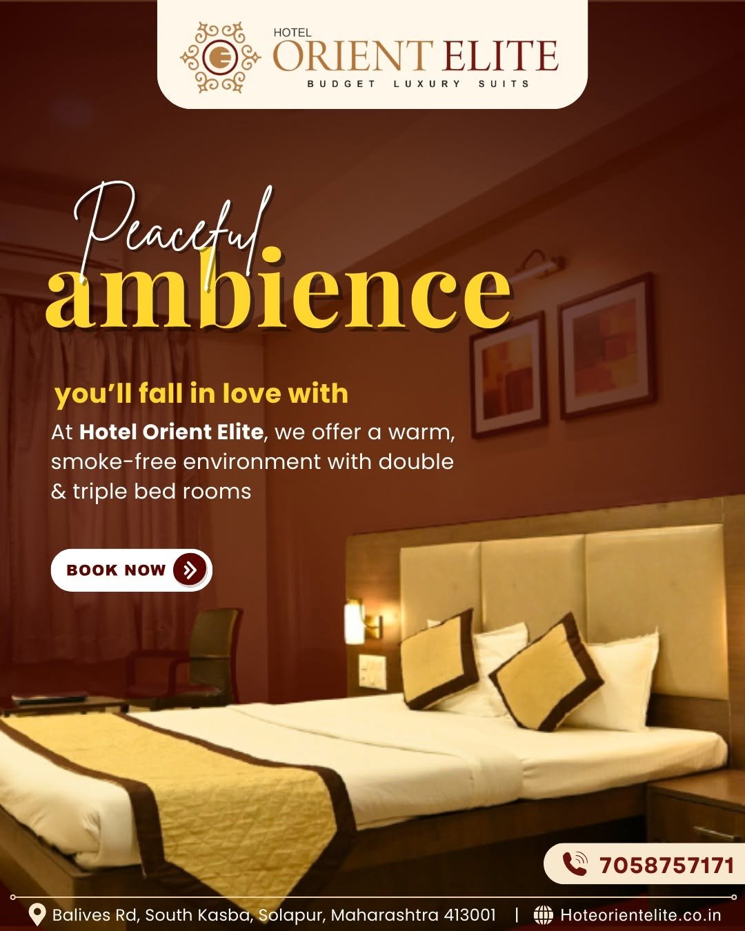 Photo by Hotel Orient Elite on September 22, 2025. May be an image of bed, bedroom and text that says '៦០៥ HOTEL ORIENTELITE ORIENT ELITE BUDGETLUXURYSUITS BUDGET LUXURY SUITS Peaueful. ambience you'll fall in love with At Hotel Orient Elite, we offer α warm, smoke-free environment with double & triple bed rooms K NOW >> Balives Rd, South Kasba, Solapur, Maharashtra 413001 7058757171 Hoteorientelite.co.in'.