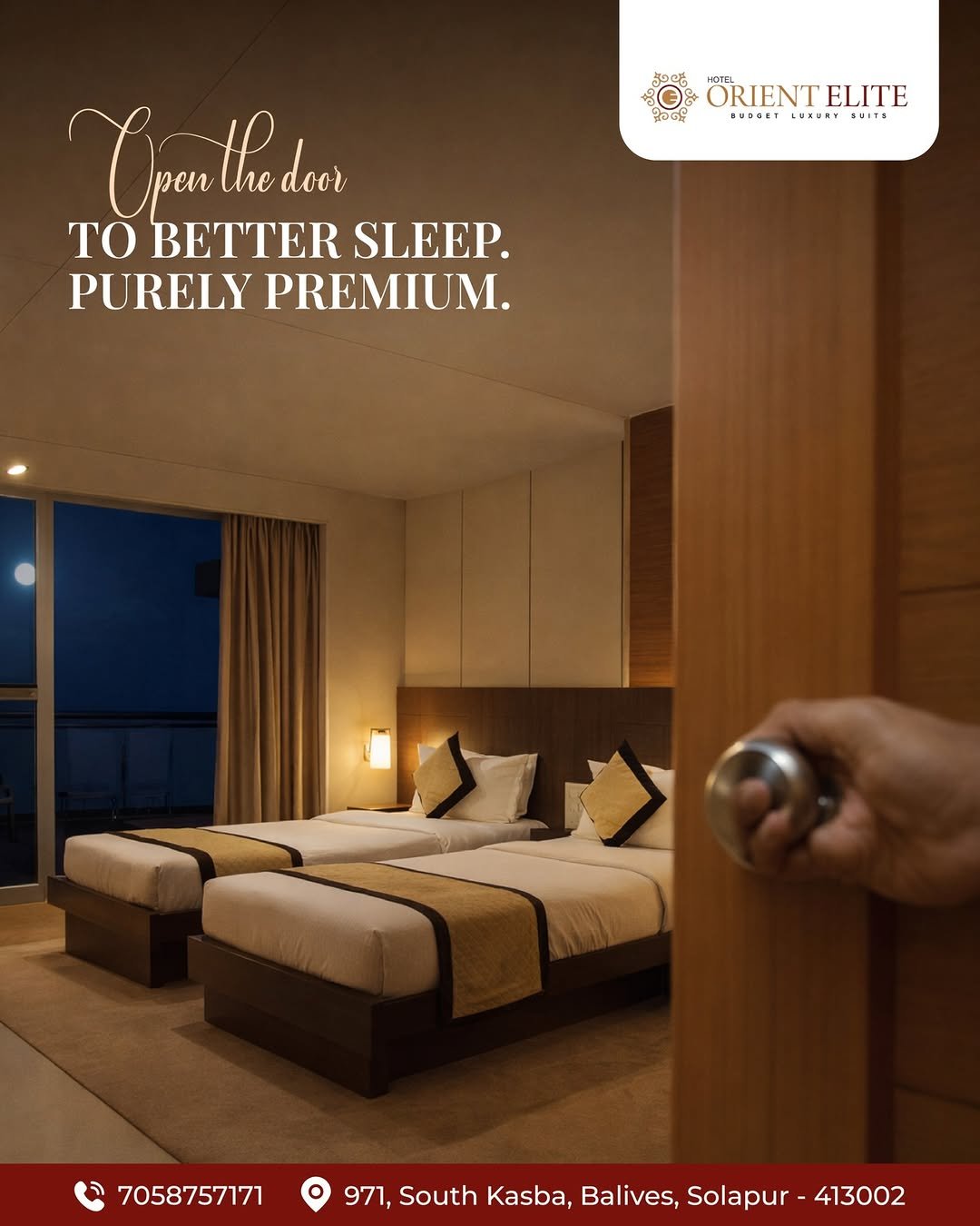 Photo by Hotel Orient Elite on January 23, 2026. May be an image of bed, mattress, headboard, bedroom, door and text that says 'HOTEL HU ORIENT ORIENTELITE ELITE BUD4ET LUKURY FED4ETIHRURY&UITE SUITE Orenthe thedoor door the To BETTER SLEEP. PURELY PREMIUM. 7058757171 971, South Kasba, Balives, Solapur -413002 41300'.