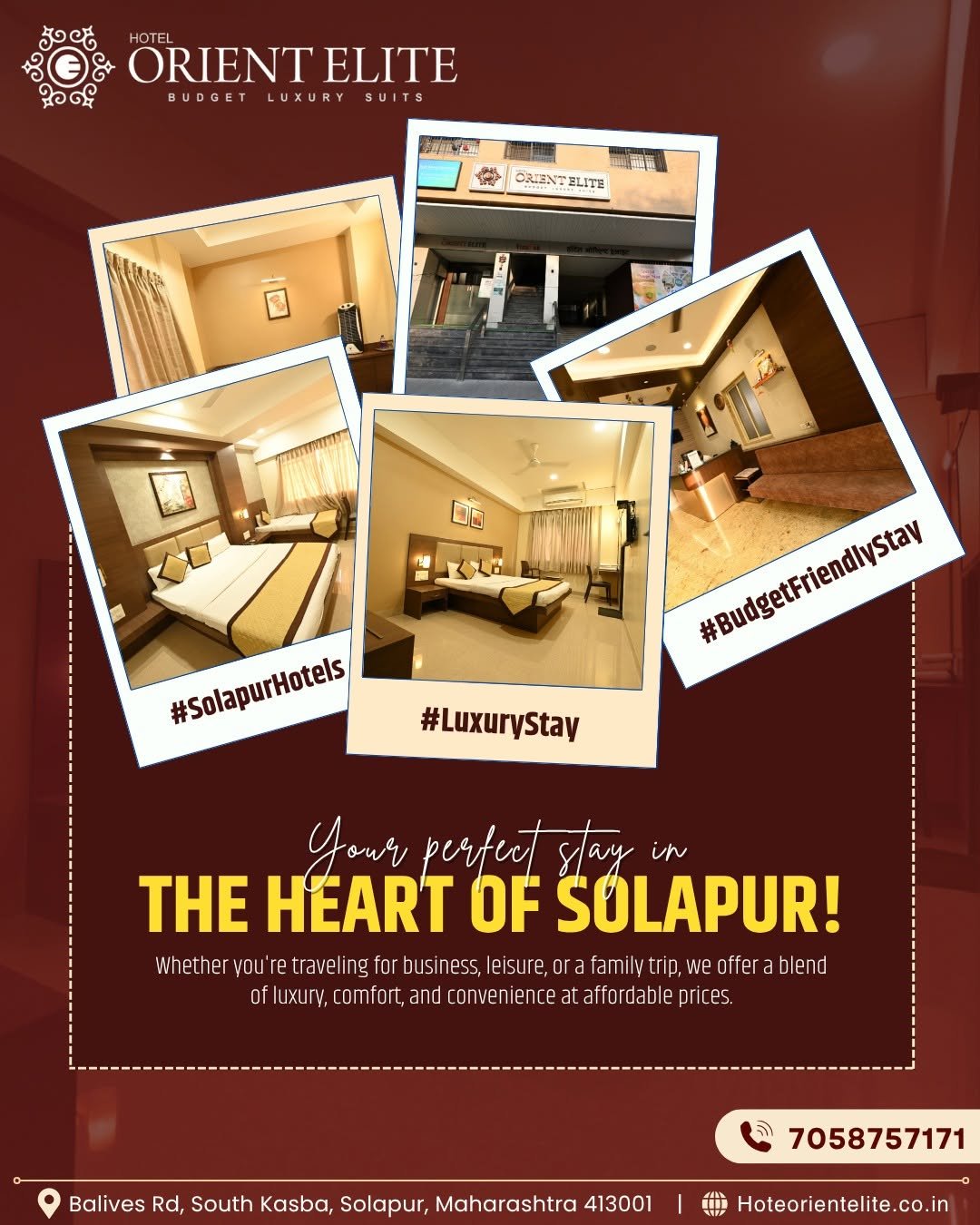 Photo by Hotel Orient Elite on September 15, 2025. May be an image of heart, magazine, poster and text that says 'HOTEL ORIENT ORIENTELITE ELITE BUDGET LUXURY SUITS 年印品 風 ORIENTELITE ELITE CRIENT: D6 =KLE #SolapurHotels สษ์รา่างาเรอร #BudgetFriendlyStay #LuxuryStay Your perfect perfetstay say in THE HEART OF SOLAPUR! Wh hether you'r re traveling for busi ness, eisur ora familytrip famil we offer blend of luxury, comfort, and convenience at affordable prices. Balives Rd, South Kasba, Solapur, Maharashtra 413001 7058757171 Hoteorientelite.co.in'.