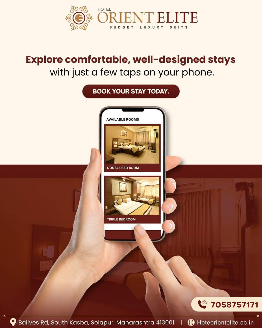 Photo by Hotel Orient Elite on January 21, 2026. May be an image of phone, tablet, poster and text that says 'ORIENTELITE HOTEL ORIENT ELITE BUDGET LUXURY SUITS Explore comfortable, well- well-designed stays with just α few taps on your phone. K YOUR STAY TODAY. AVAILABLEROOMS AVAILABL ROOMS တမ DOUBLE DOUBLEBEDROOM BED ROOM TRIPLEBEDROOM TRIPLE BEDROOM Balives Rd, South Kasba, Solapur, Maharashtra 413001 7058757171 Hoteorientelite.co.in'.