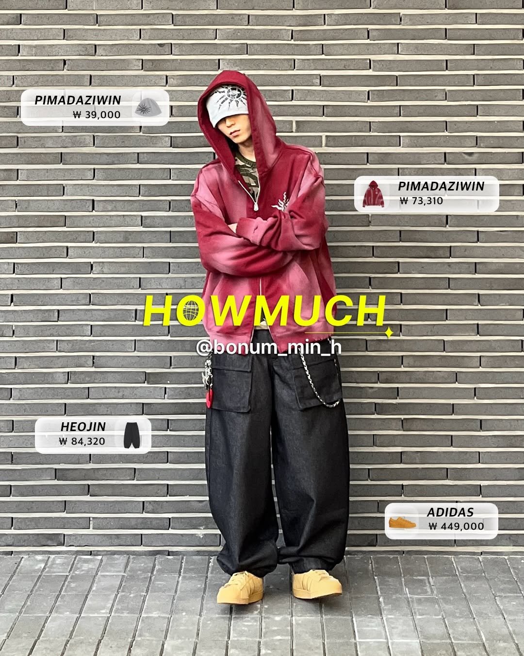 Photo shared by 하우머치 코리아 (HOWMUCH KOREA) on December 23, 2025 tagging @bonum_min_h, and @outfitbattles_korea. May be an image of duffle coat, poster, parka, face mask, cloak, magazine, sweatpants and text that says 'PIMADAZIWIN W W39,000 000 PIMADAZIWIN W73,310 W Ho O MUCH @bonum_min_h @bonum_ HEOJIN w 84,320 84, 320 ADIDAS w 449,000'.