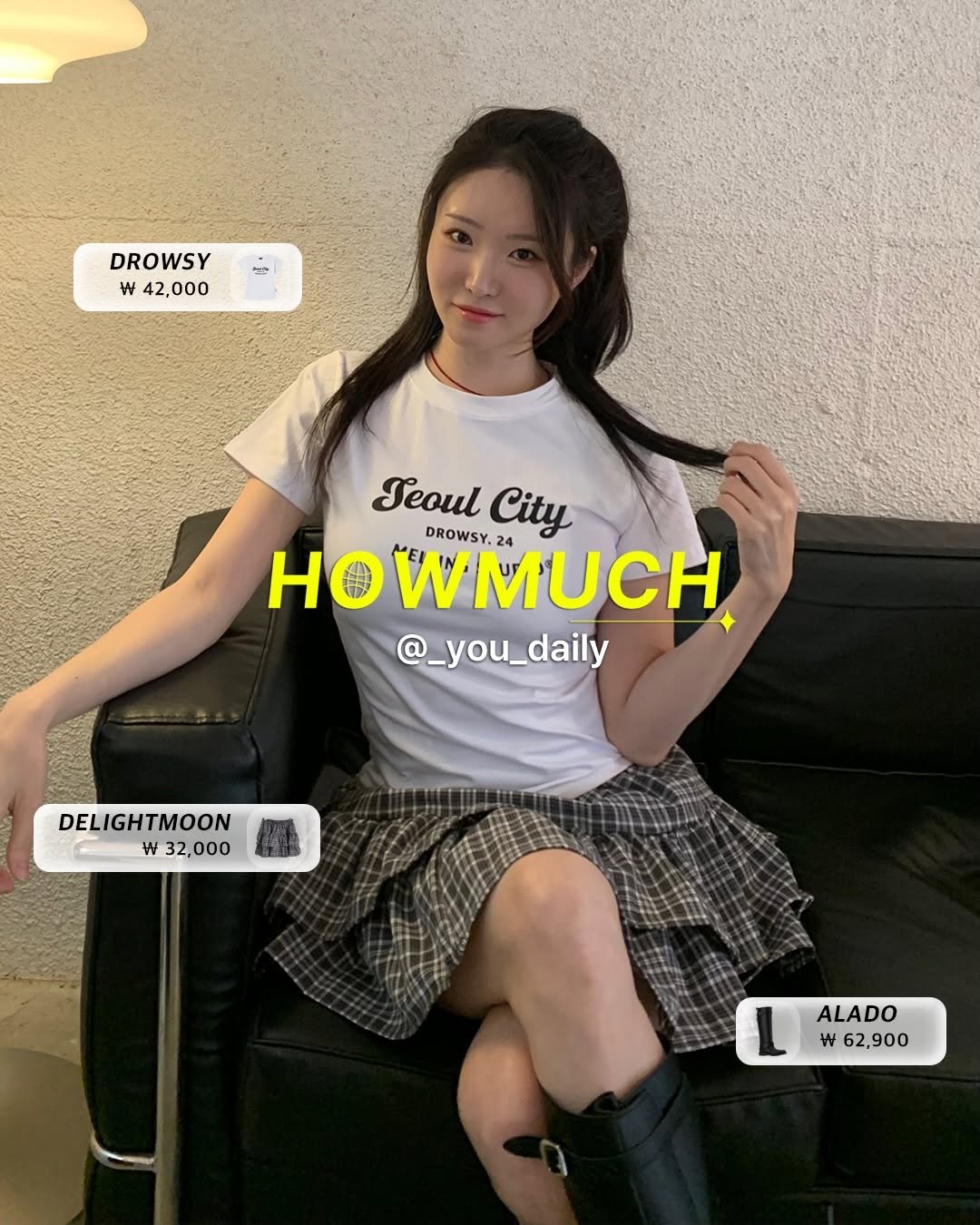 Photo shared by 하우머치 코리아 (HOWMUCH KOREA) on April 25, 2026 tagging @outfitbattles_korea, and @_you_daily. May be an image of one or more people, hair, top and text that says '쌀는 DROWSY t 42,000 SeoulCity Seoul City HOW 24 DROWSY. Ho @_you_daily daily DELIGHTMOON ￥32,000 3 W ALADO 62,900 w W62,900'.