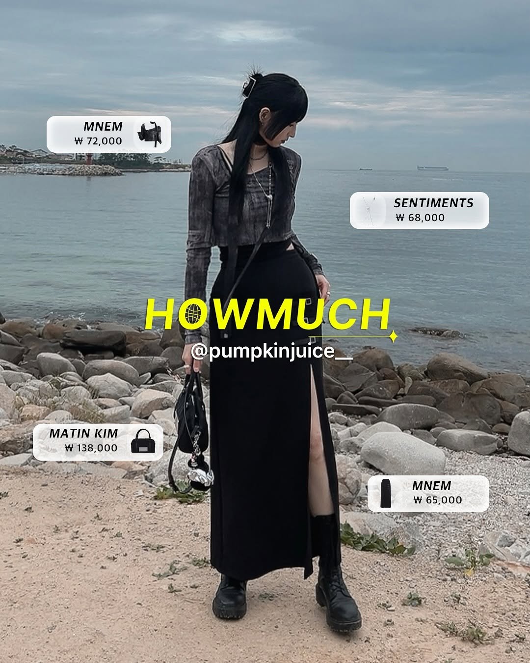 Photo shared by 하우머치 코리아 (HOWMUCH KOREA) on September 27, 2025 tagging @pumpkinjuice__, and @outfitbattles_korea. May be a meme of 1 person, overcoat, fishnet stockings and text.