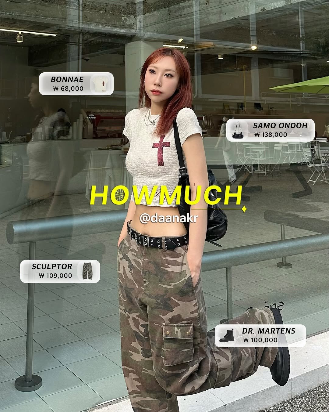 Photo shared by 하우머치코리아 (HOWMUCH KOREA) on August 12, 2025 tagging @daanakr, and @outfitbattles_korea. May be an image of 3 people, hair, phone, military uniform, sweatpants, top and text that says 'BONNAE W 68,000 t SAMOONDOH ONDOH SAMO W w138,000 000 BESW HOWMUCH CH @daanakr SCULPTOR 109.000 me DR. MART MARTENS TENS W W 100,000'.
