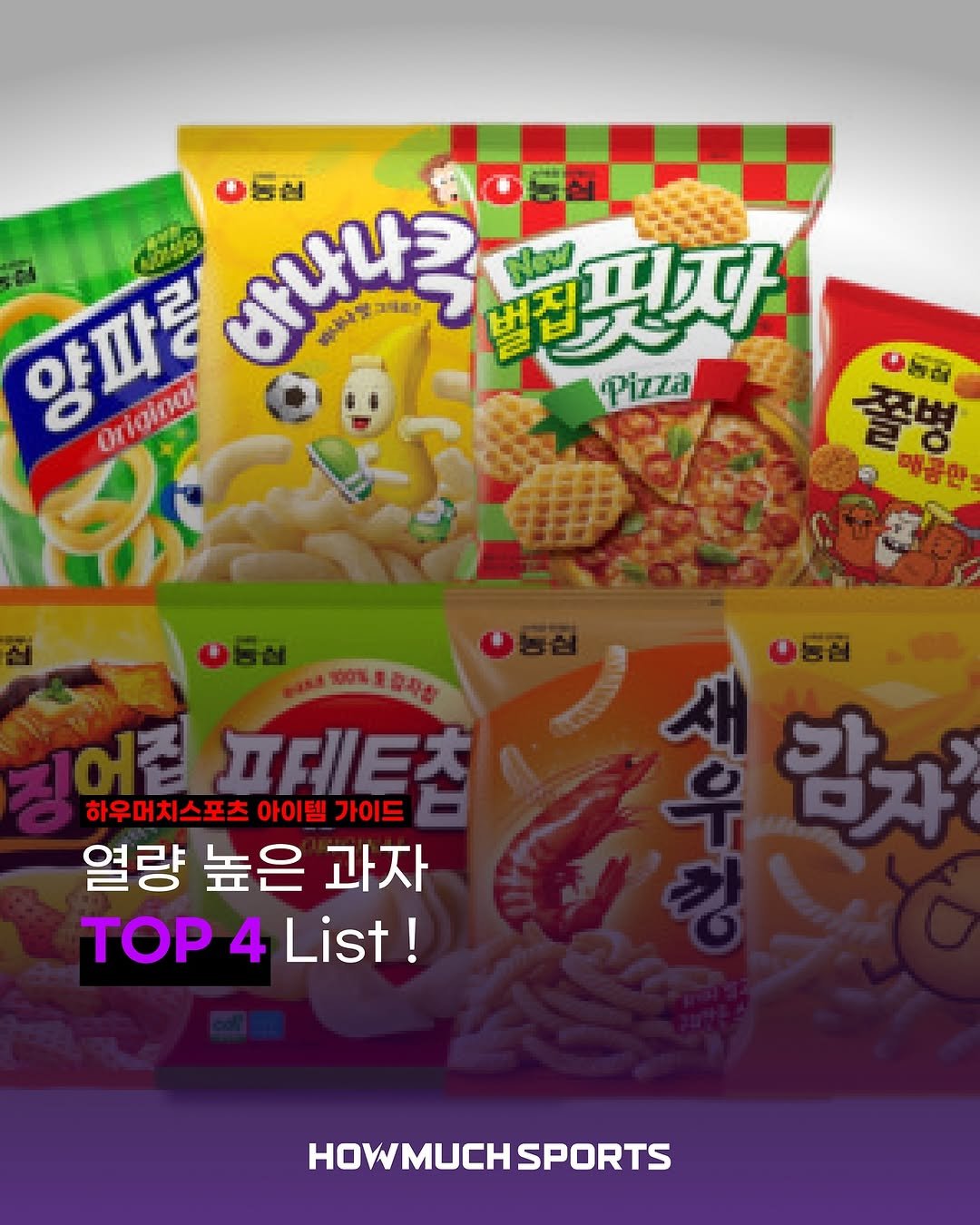 Photo by 하우머치스포츠(HOWMUCHSPORTS) on September 22, 2025. May be an image of wafer and text that says '농심 양파를 Orioing! oHrиaйи cTИ4> 번집 별전핏자 디자 New 그로로 Pizza 집 IHE大 하우머치스포츠 아이템 가이드 가이드 열량 높은 과자 TOP 4 List! 우 草 감자 HOWMUCHSP HOWMUCHSPORTS SPORTS'.