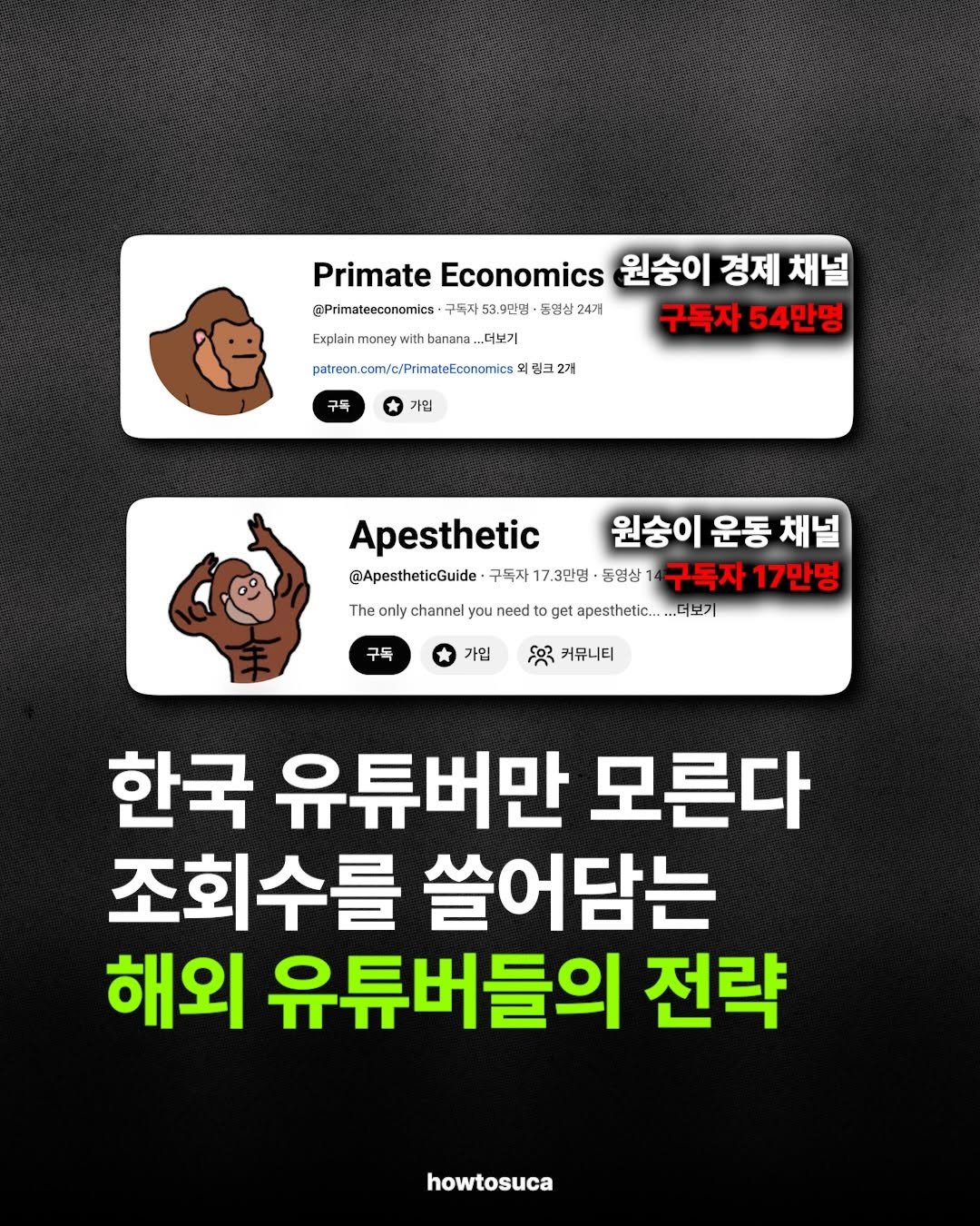 Photo by 자본주의에서생존하는방법ㅣ유튜브 코치 on March 20, 2026. May be an image of text that says 'Primate Economics 원숭이 경제 채널 @Primateeconamics- 구독자53.9만명 구독자53.9만평·동명상24개 동명상 24개 Explain .. money with banana. ..더보기 구독자 54만명 patron.com/c/Prmatef.conomics 외링크 핑크2기 가입 Apesthetic @ApestheticGuide 구독자 17.3만명 The only channel yи need 원숭이 운동 채널 동영삼 구독자 17만명 get apesthetic... 구독 가입 30C 커뮤니티 한국 유튜버만 모른다 조회수를 쓸어담는 해외 유튜버들의 전략 howtosuca'.
