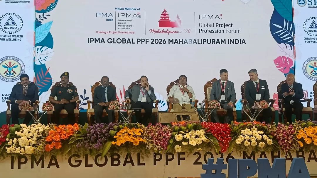 Photo by HQ IDS India Official Account on February 15, 2026. May be an image of ‎military uniform, dais and ‎text that says '‎ag.に.をm הרהוחקחהד NLC INDIA บบบ EATING WEALTH OR WELLBEING Indian Member of PMA PMA|IPMA". IPMA® India India assecietion Creating Project Oniented หกวืล THCSICA FN IPMA". Global Project Mahabalipuram 26 Profession Forum IPMA GLOBAL PPF 2026 MAHABALIPURAM INDIA NLCIN RAM UN CREATING IPMA PMAGLOBALP GLOBAL PPF 202 2026MAHAR‎'‎‎.