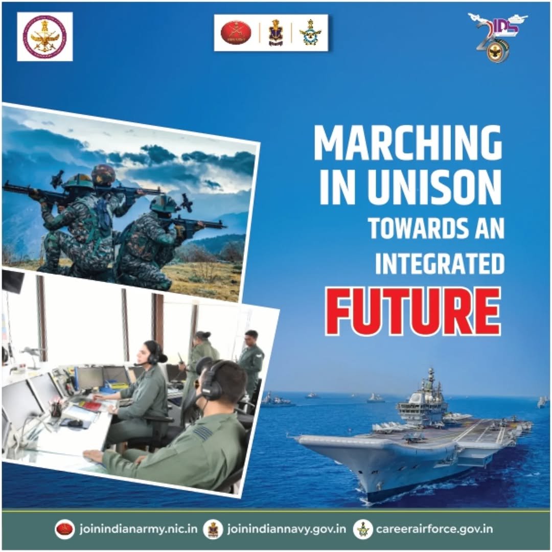 Photo shared by DISHA by Indian Air Force on February 16, 2026 tagging @indianairforce, @indianarmy.adgpi, @indiannavy, and @hqidsindia. May be an image of military uniform and text that says '人火 MARCHING IN UNISON TOWARDS AN INTEGRATED FUTURE joinindianarmy.nic.in joinindiannavy.gov.in careerairforce.gov.in'.