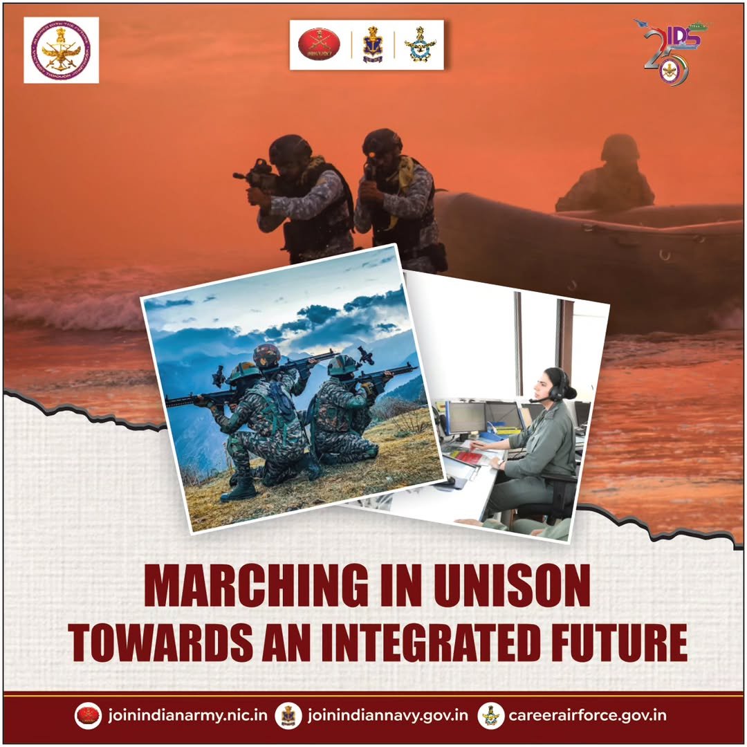 Photo shared by Indian Army on February 16, 2026 tagging @indianairforce, @indiannavy, @hqidsindia, and @joinindianarmy_official. May be an image of standing, magazine, military uniform, poster and text that says 'MARCHING IN UNISON TOWARDS AN INTEGRATED FUTURE joinindianarmy.nic.in tp ព'.