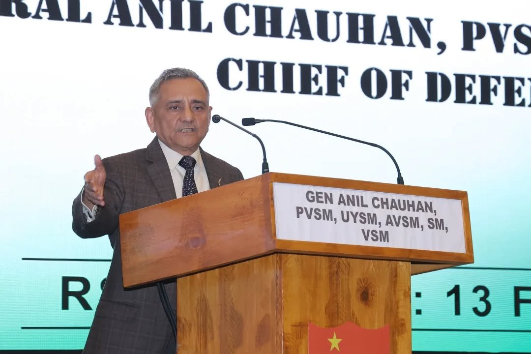 Photo by HQ IDS India Official Account on February 13, 2026. May be an image of dais and text that says 'UHL ANIL CHAUHAN, PVS CHIEF OF DEFE GEN ANIL CHAUHAN, PVSM, UYSM, AVSM, SM, VSM R 13 13F F'.