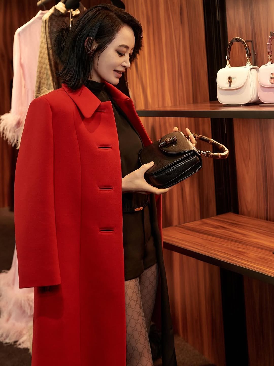 Photo shared by 김혜수 Hye Soo Kim on September 27, 2025 tagging @gucci, @stylist_boo, @hearts_ultrapeku, and @hyelim.jo. May be an image of 1 person, leather, overcoat, jacket and text.