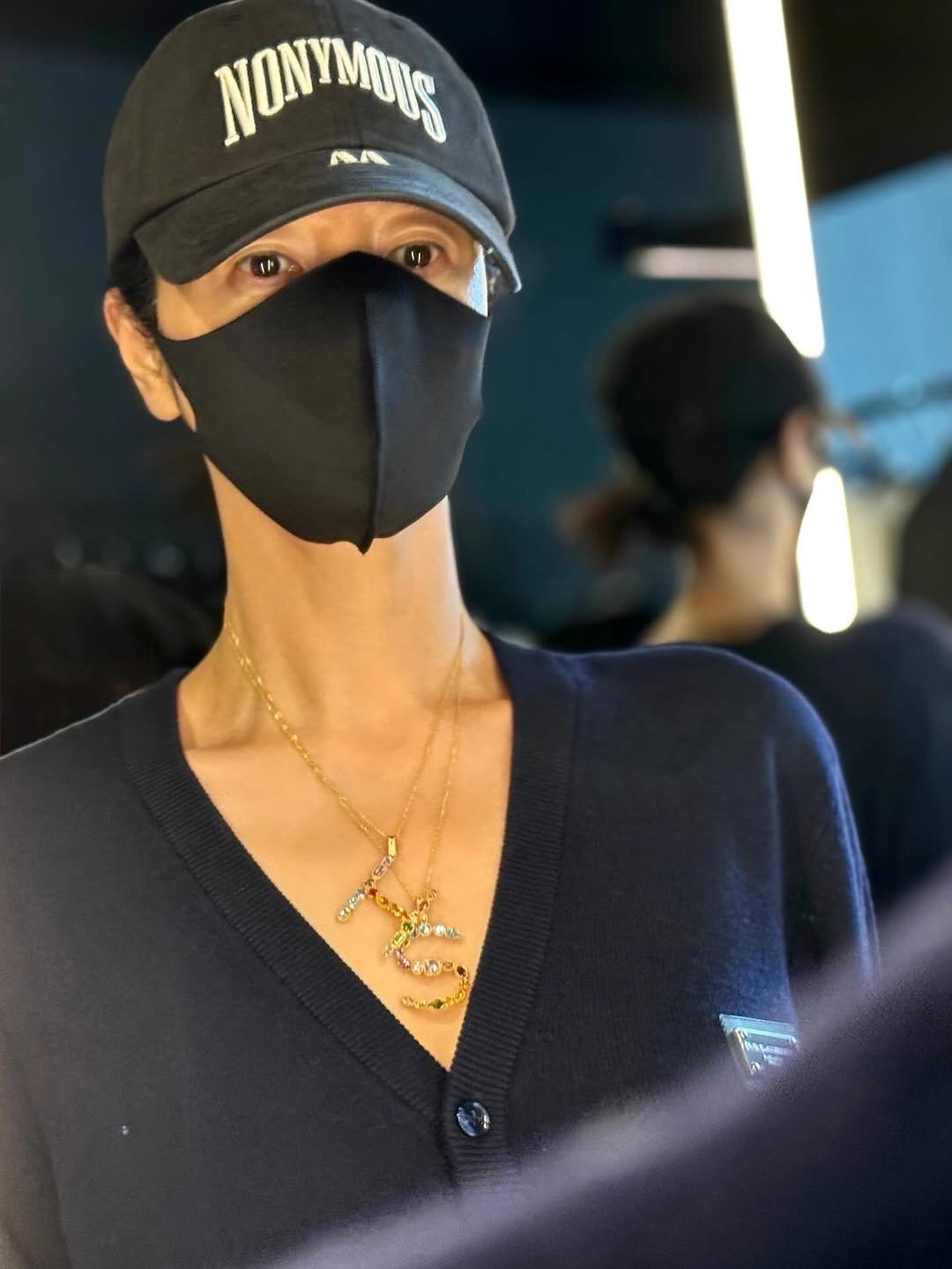 Photo shared by 김혜수 Hye Soo Kim on July 23, 2025 tagging @ojaerocks. May be an image of 1 person, makeup, hat, face mask and text.
