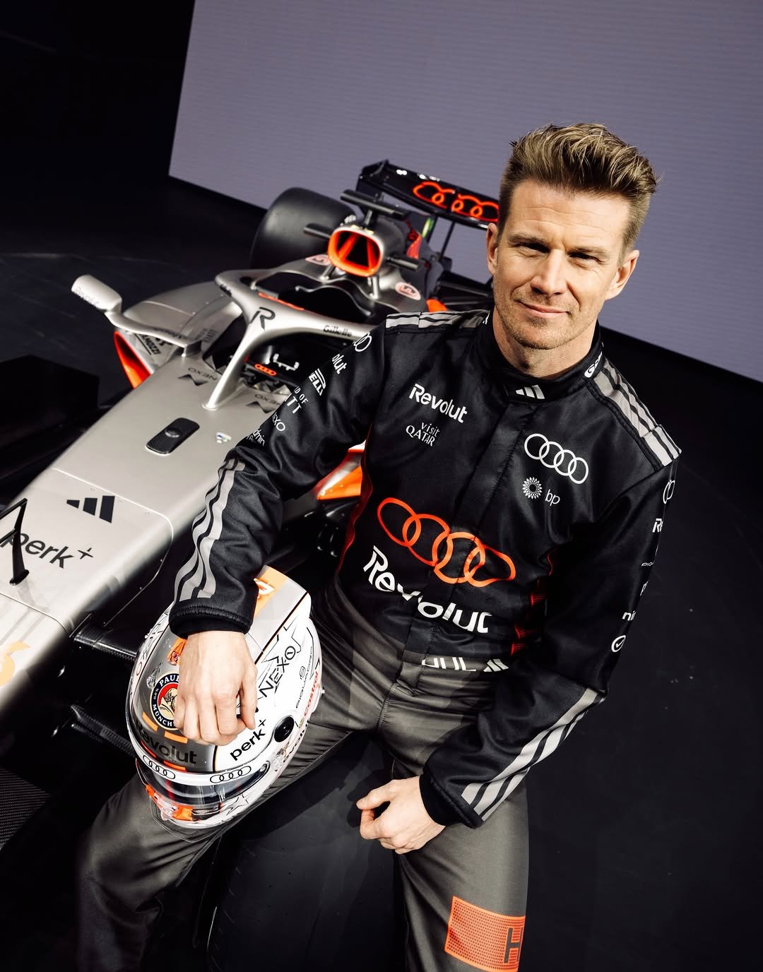 Photo shared by Nico Hulkenberg on January 20, 2026 tagging @f1, and @audif1. May be an image of racing vehicles, race car and text.