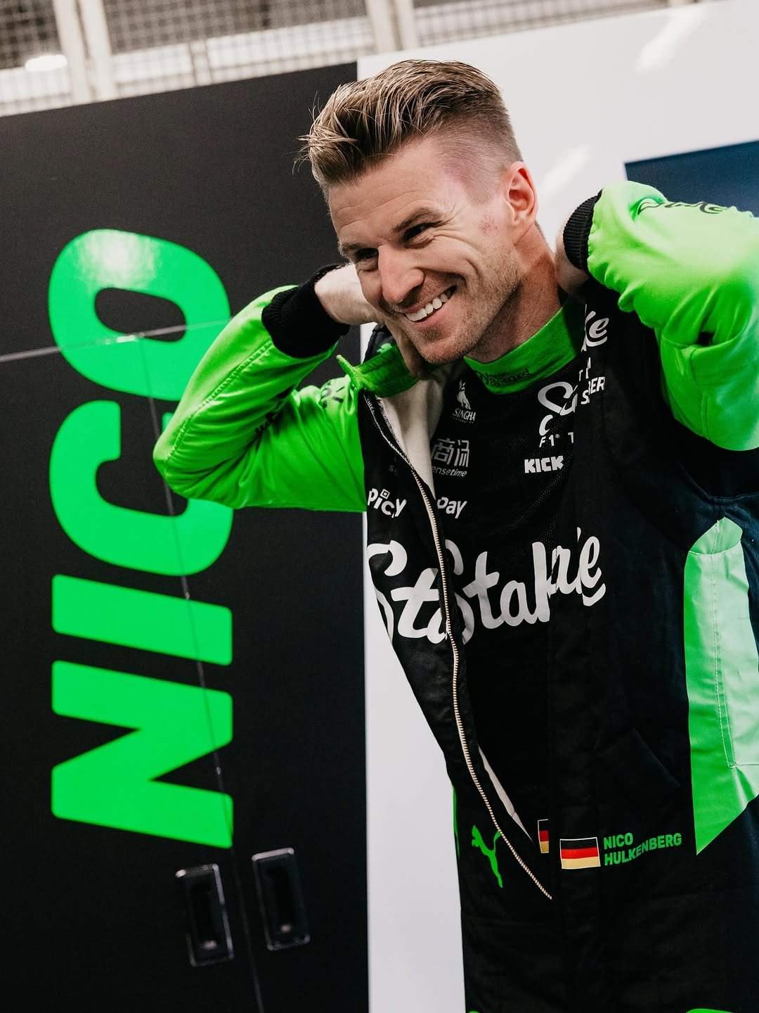 Photo shared by Nico Hulkenberg on November 10, 2025 tagging @stakef1team. May be an image of racing vehicles, race car, stadium and text that says 'SIER 瓜 KK AIA 2 PiCY Day it stake NIGLKENBERG NICO HULKE NICONBERG HULKENBERG NBERG'.