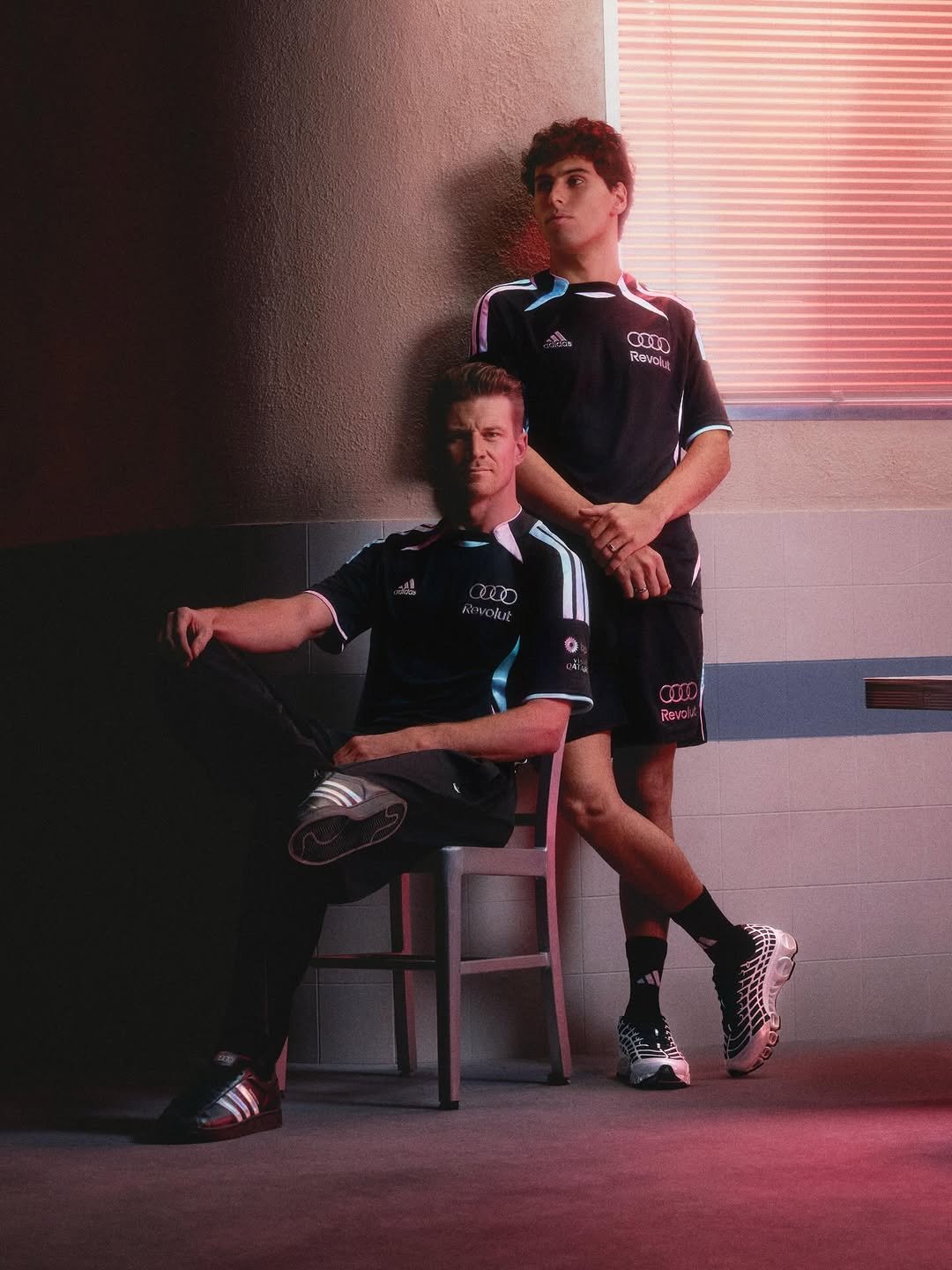 Photo shared by adidas Motorsport on April 23, 2026 tagging @gabrielbortoleto_, @hulkhulkenberg, and @audif1. May be an image of soccer, football, sportswear, sports equipment and text.