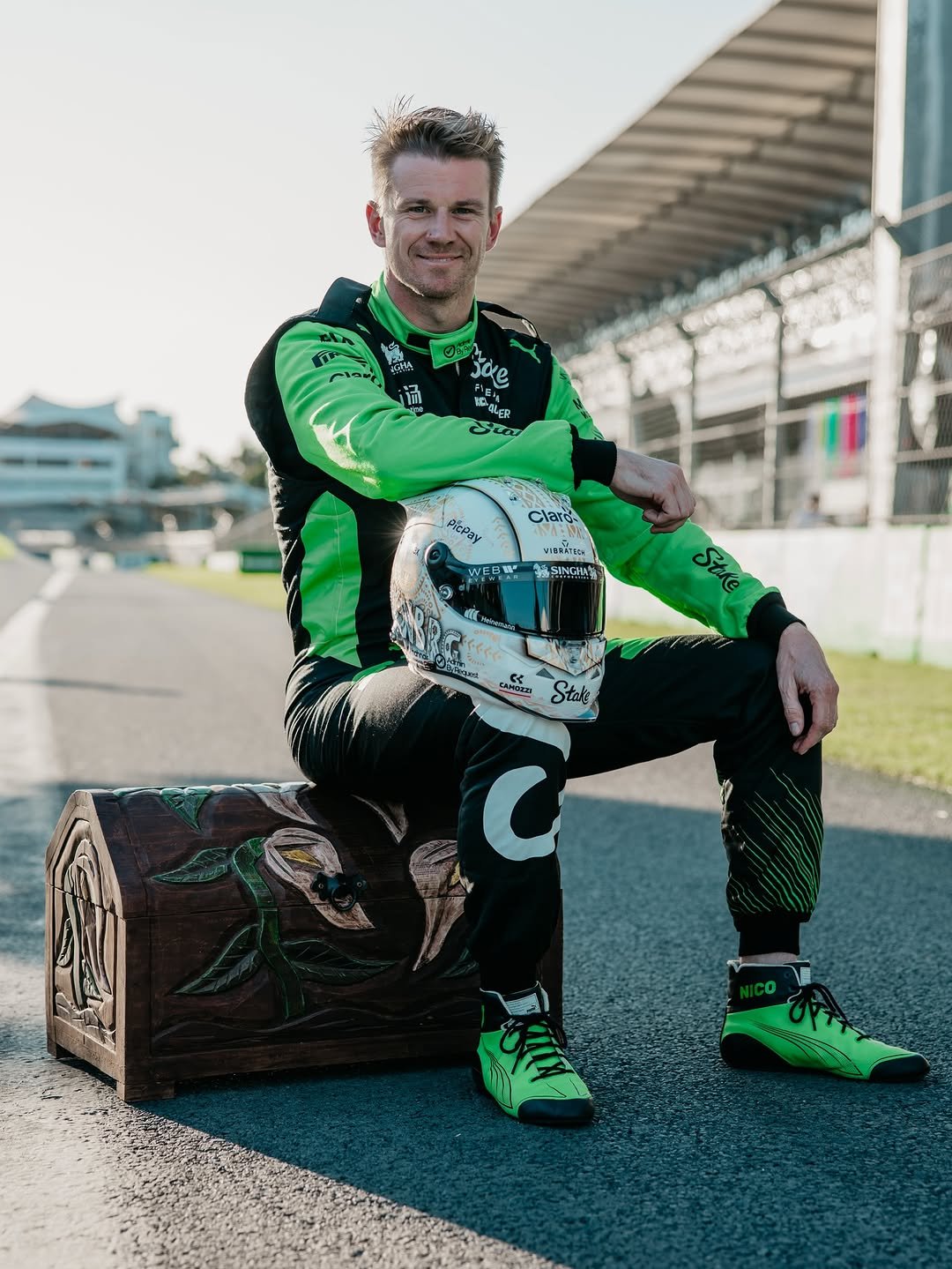 Photo shared by Nico Hulkenberg on October 24, 2025 tagging @stakef1team, @f1, @jmd_helmets, @alpineracer.ch, and @schuberthmotorsport. May be an image of racing vehicles, race car, helmet, glasses and text.